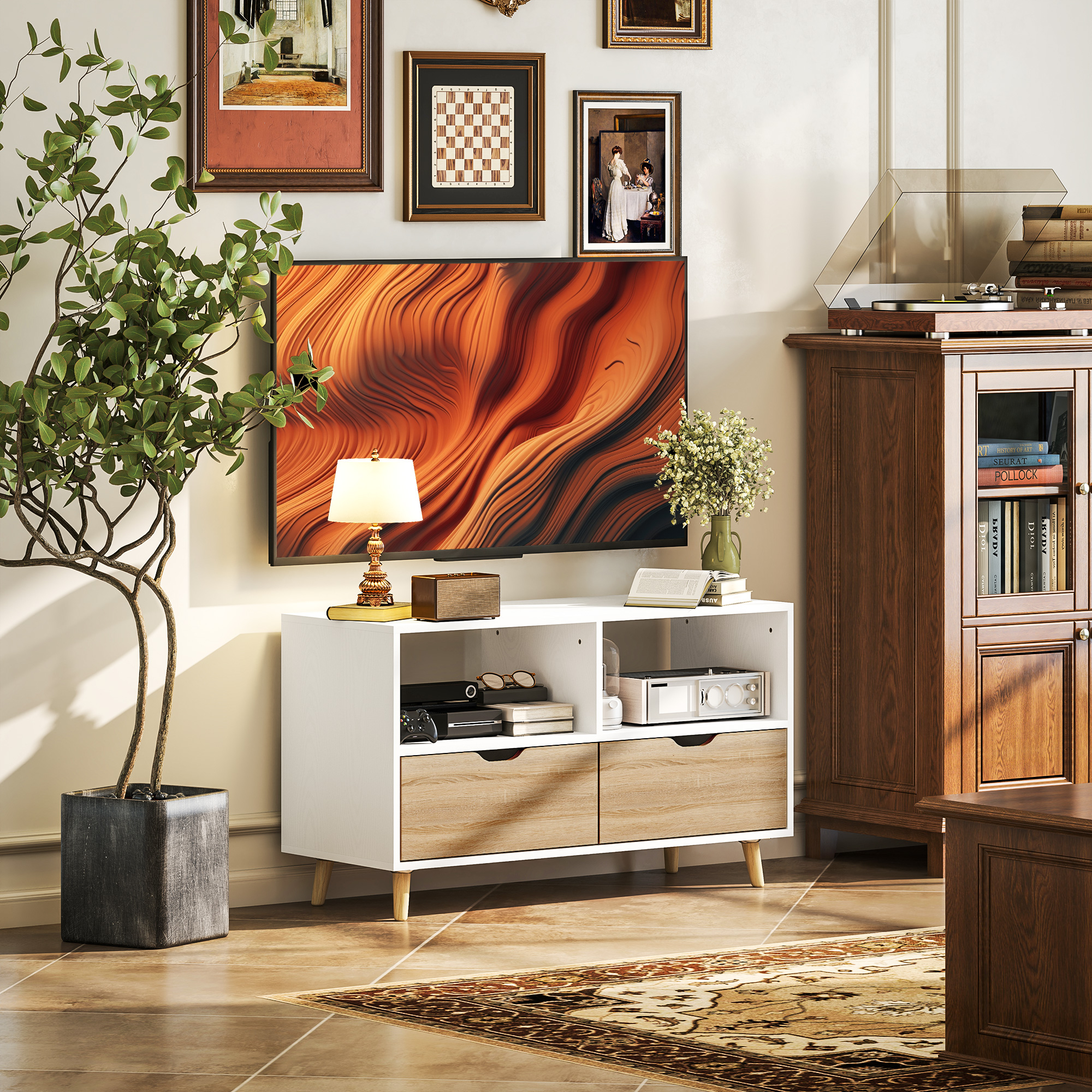 HOMCOM TV-Schrank, TV-Kommode mit Schubladen, Offene Regale, Holz, 99 x 39 x 58 cm, Weiß