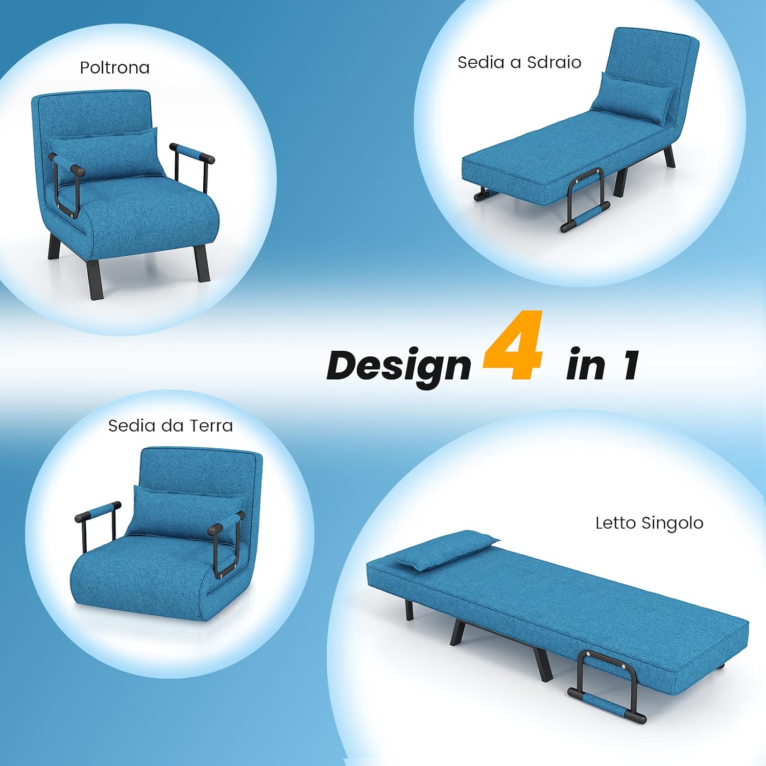 COSTWAY Poltrona Letto, 4 in 1 Poltroncina Pieghevole con Schienale Regolabile in 6 Posizioni, Sedile Imbottito Robusto, Divano Letto Singolo per Casa Ufficio, 79x65x79 cm (Blu)