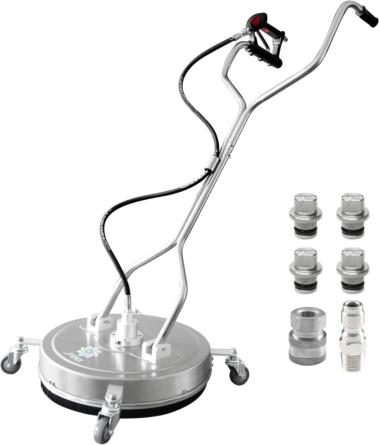 JANZ 24'' Pressure Washer Surface Cleaner with 4 Wheels Dual Handle Stainless Steel Housing  4 Replacement Nozzle Cores and 2 Hose Adapters Ideal for Driveways  Sidewalks Patios Decks Cleaning