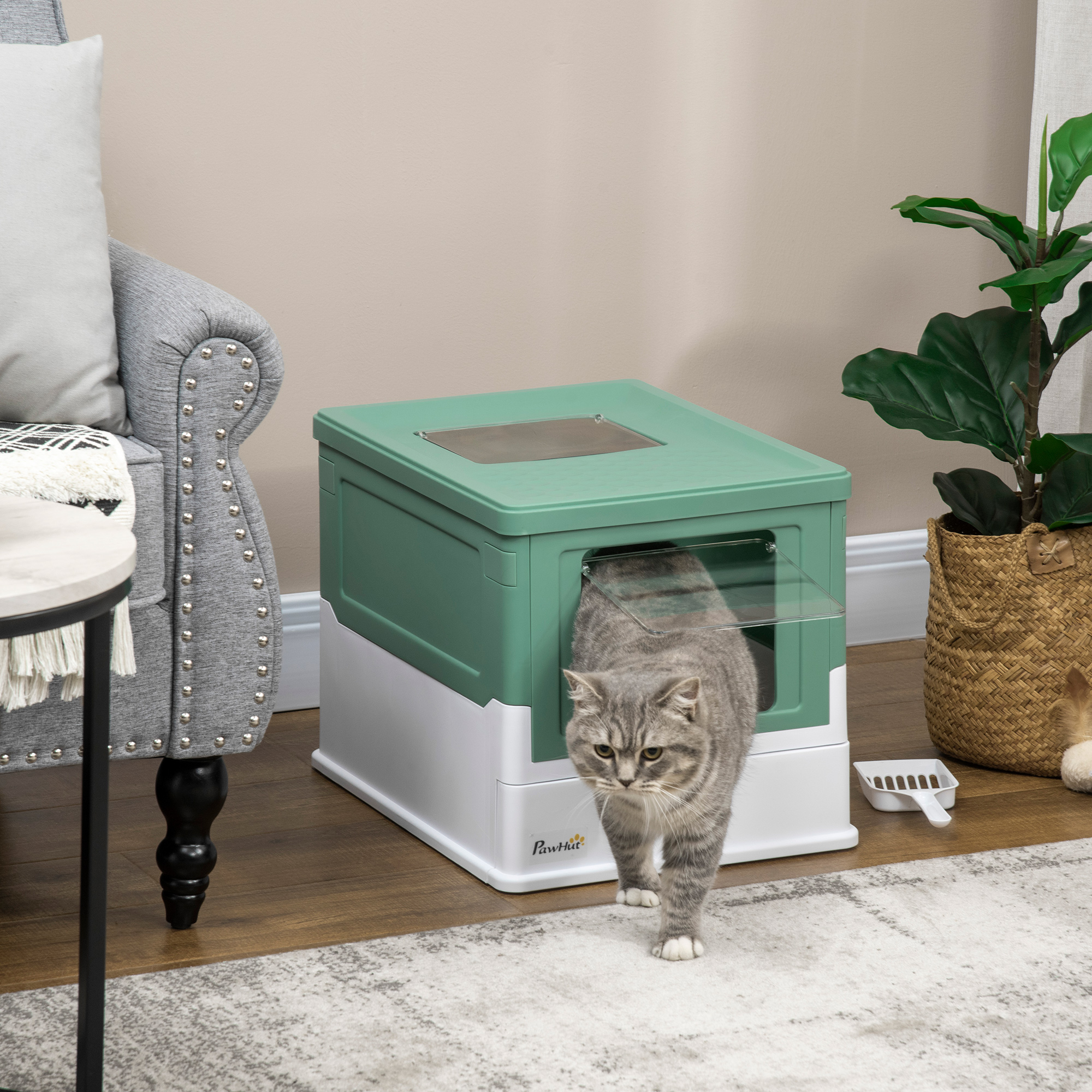 PawHut Katzentoilette faltbar doppelte Schwingtür und obere Tür mit Schaufel 47,5 x 35,5 x 36,7 cm grün