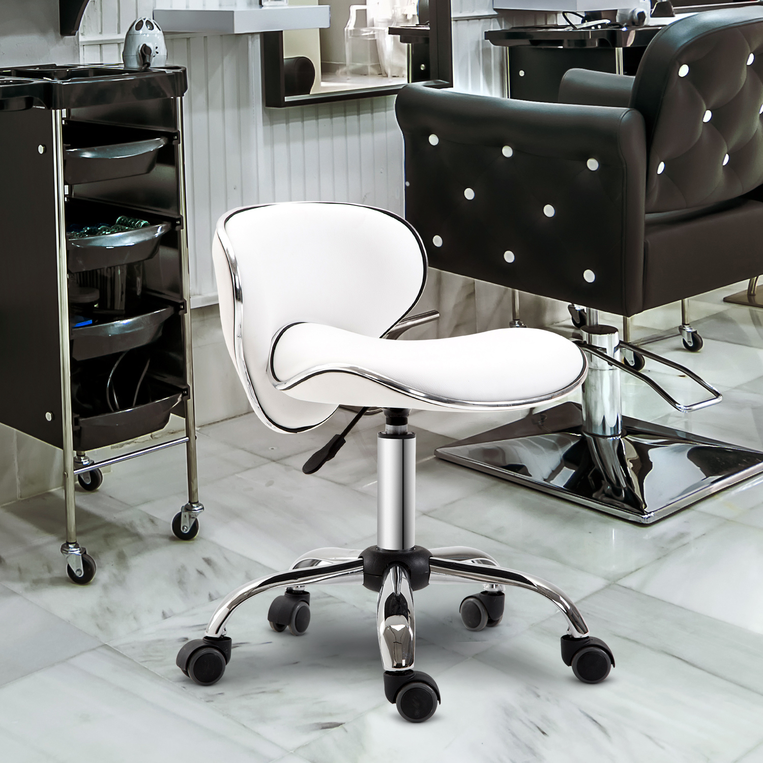 HOMCOM Rollhocker Arbeitsstuhl mit höhenverstellbarer 44-56 cm und Rückenlehne, 360° drehbarer, Weiß