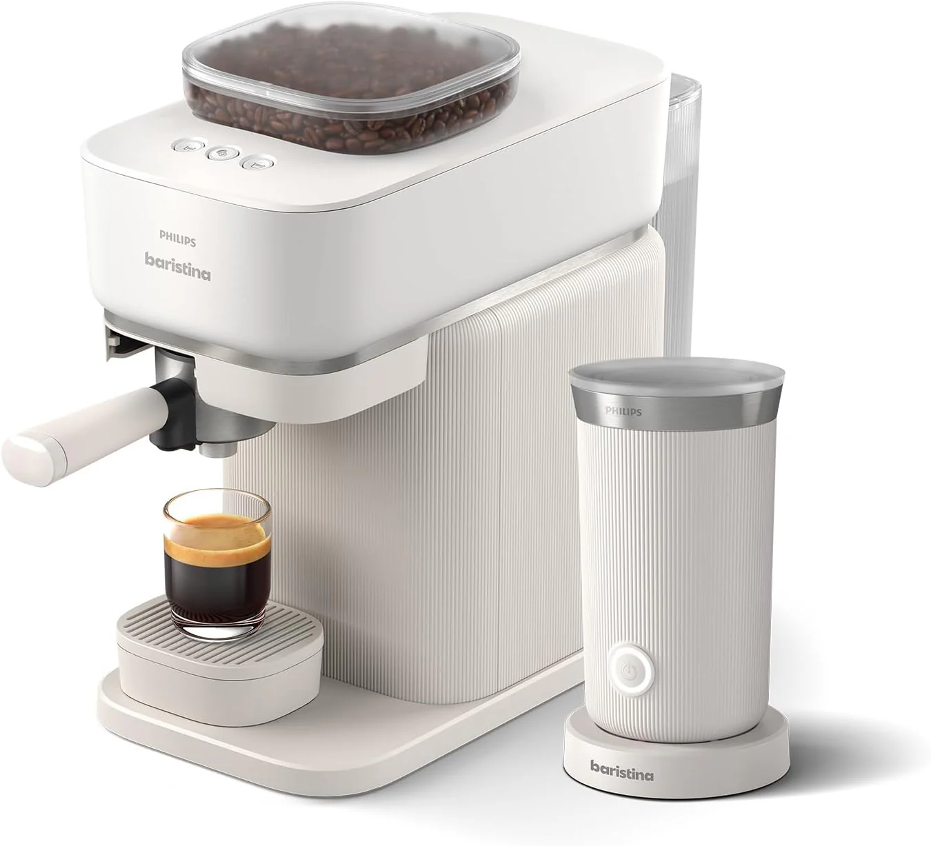 Philips Baristina Espressomaschine - Real Espresso- made simple. Kompakte Kaffeemaschine- Naturwei? mit wei?em Siebtr?ger- 16-bar-Pumpendruck- automatisches Mahlwerk- Cafe Crema (BAR300/00)