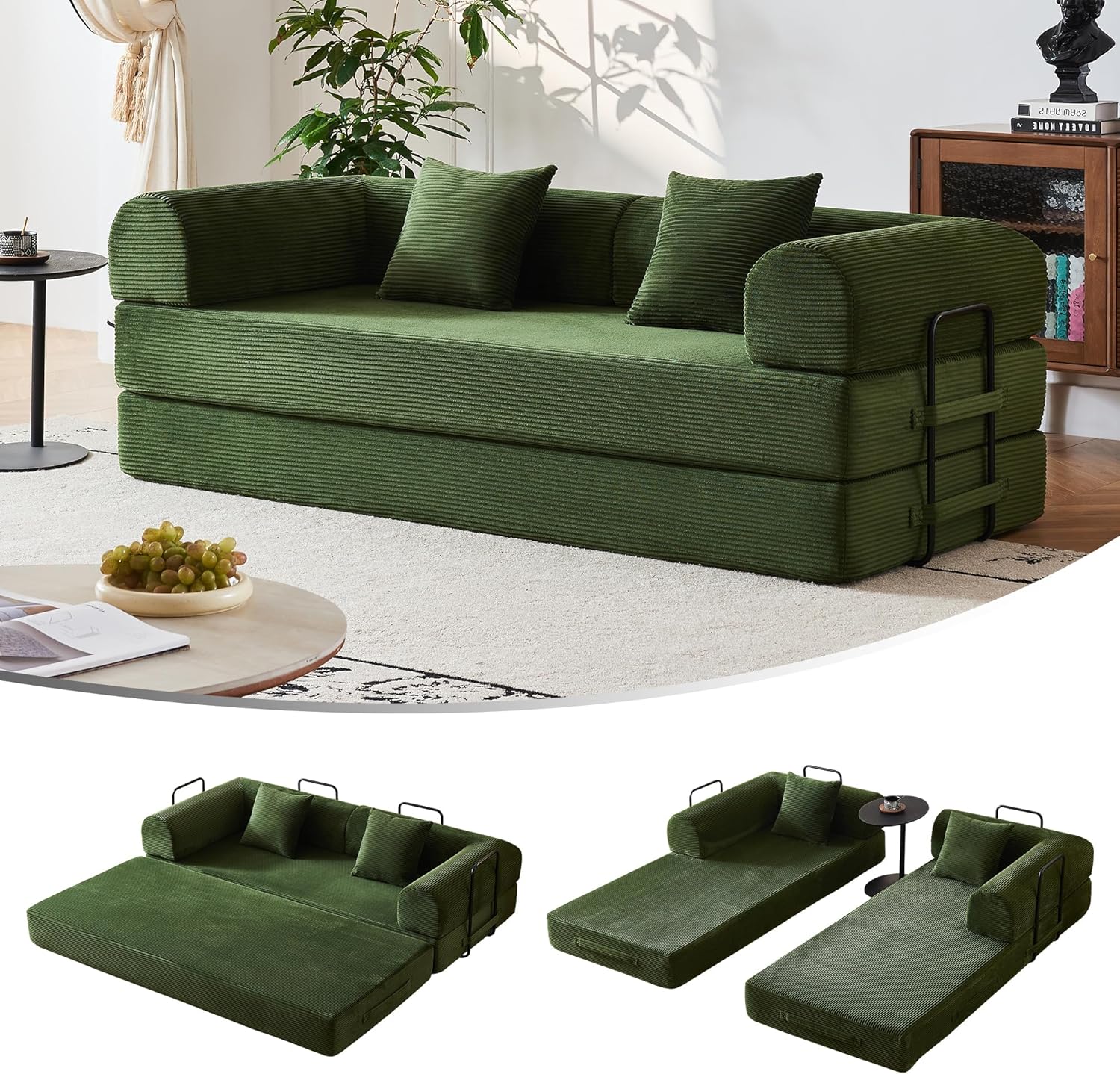 79 Inch Corduroy Convertible Sleeper Sofa Bed with Pillows
