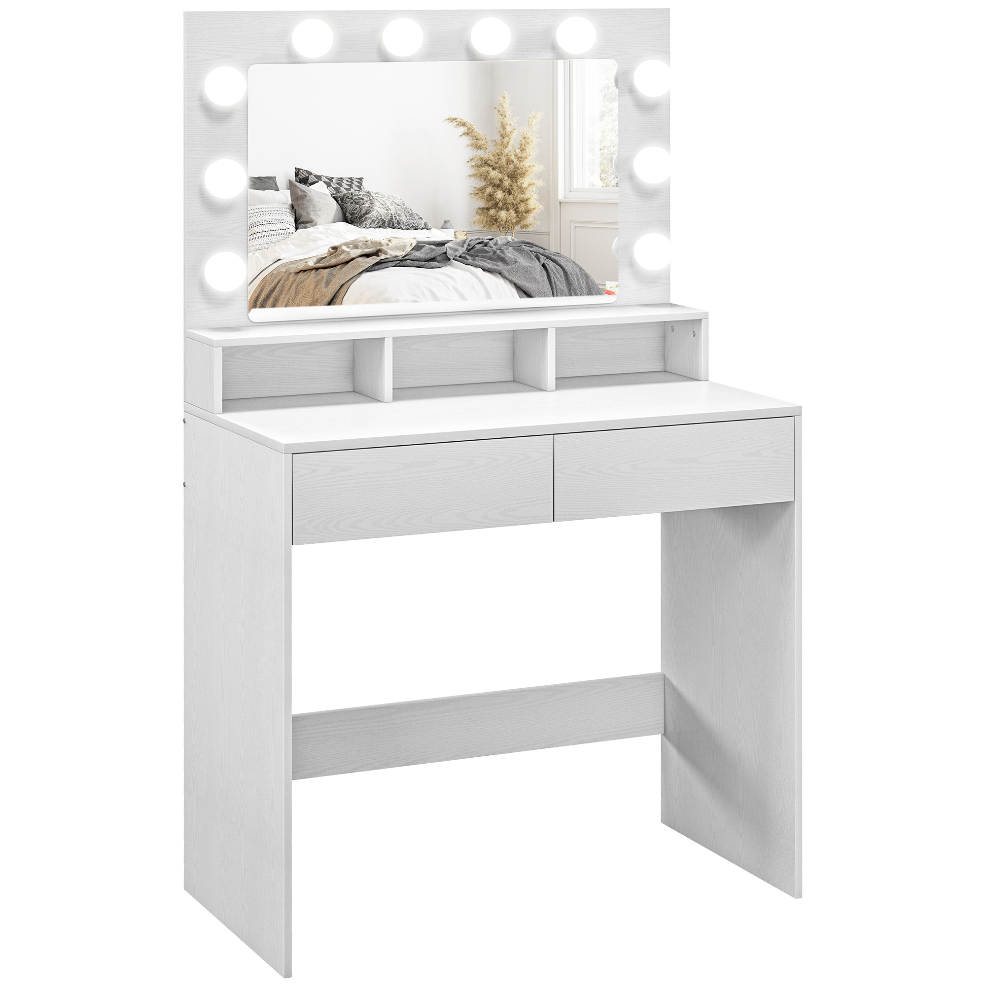 Kaptafel met Verlichte Spiegel, Laden, 3 Lichtopties, 10 Lampen, Hedendaagse Witte Make-uptafel