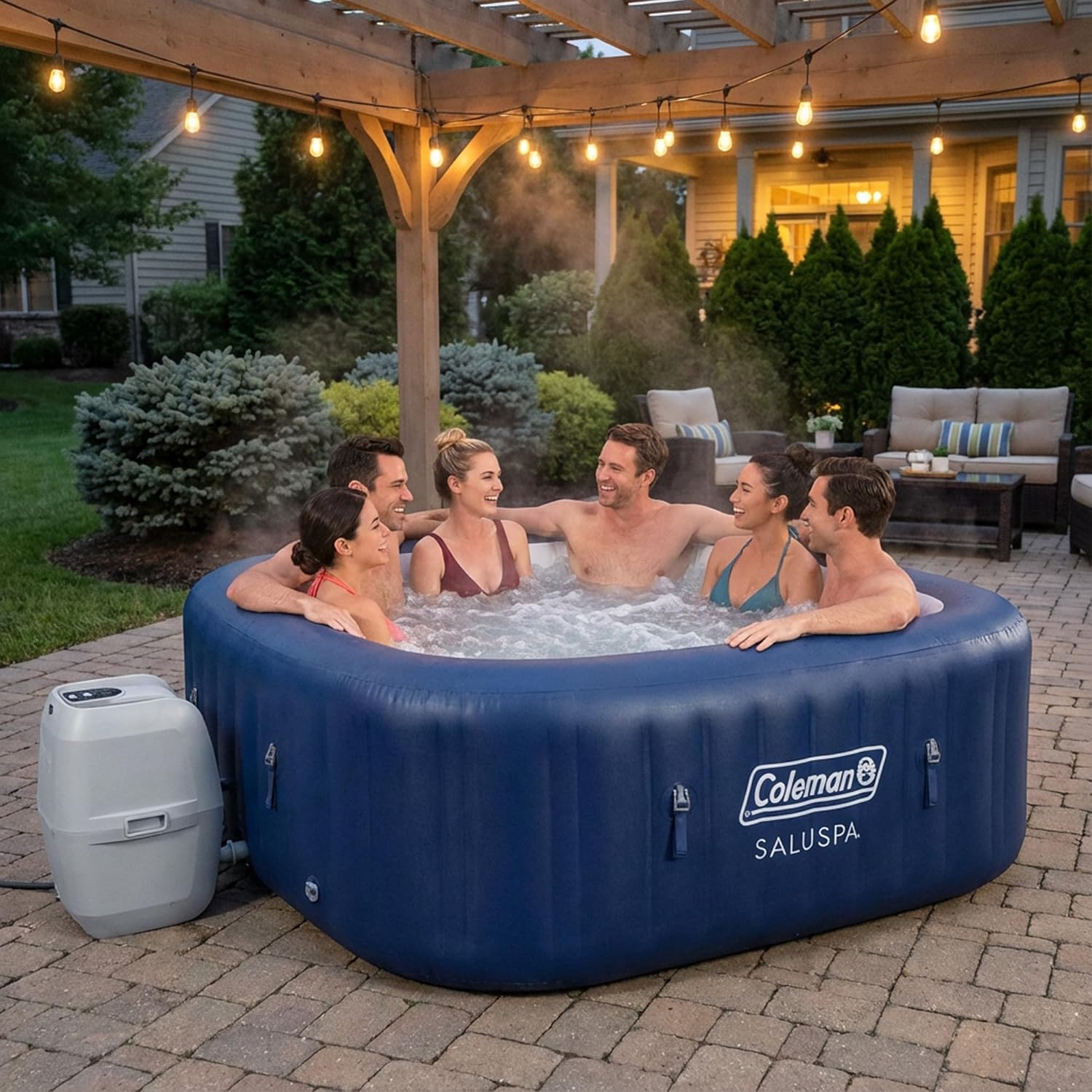 Coleman SaluSpa Atlantis AirJet Inflatable Hot Tub  4 to 6 Person Square Portable Outdoor Spa with 140 Air Jets  App Control and EnergySense Insulated Cover  71