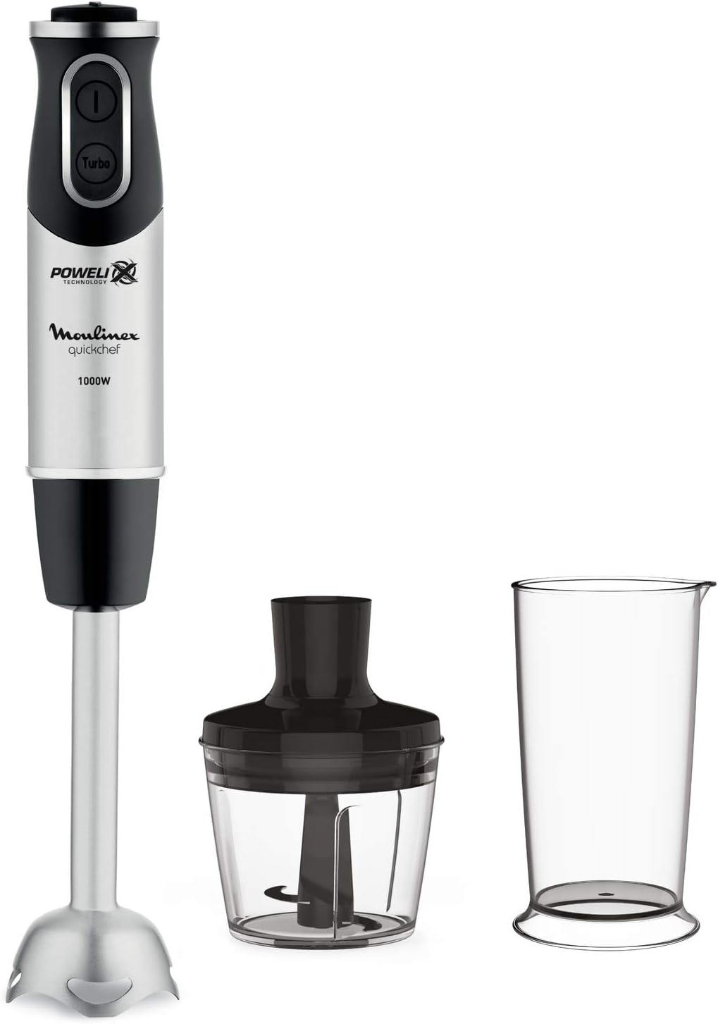 Moulinex DD6578 Quickchef 2in1 Frullatore a Immersione, 1000 W, Mixer con Tecnologia Powelix e 10 Velocità, 2 Accessori, Bicchiere 800 ml e Tritatutto 500 ml, Lame in Acciaio Inossidabile