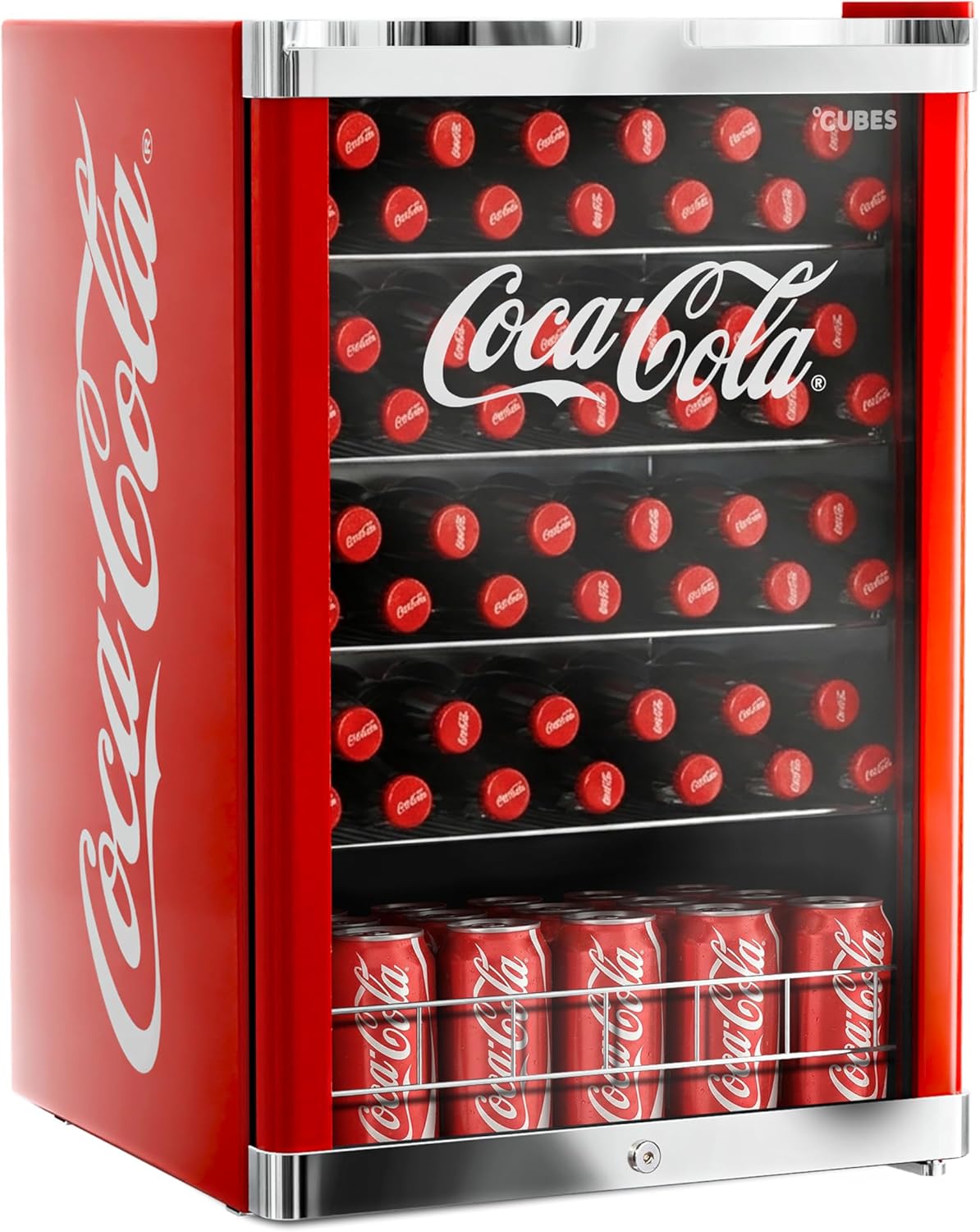 °CUBES Coca Cola Kühlschrank 115L | Getränkekühlschrank groß mit Glastür, perfekt für Partys & Gewerbe | Energieeffizient, 84,5 cm hoch, 104 kWh/Jahr - Flaschenkühlschrank groß
