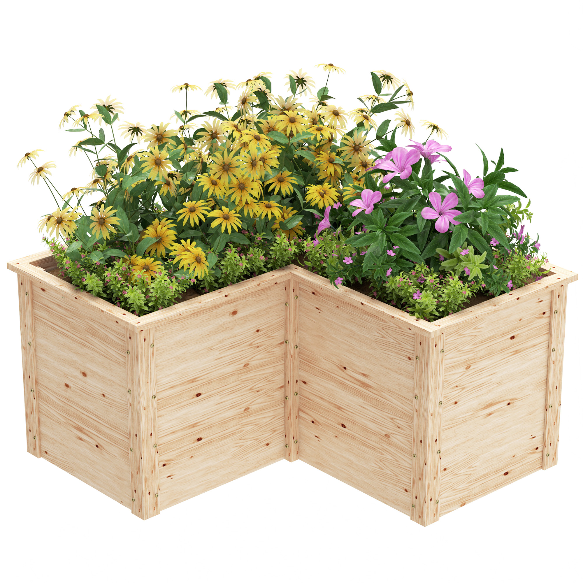 Outsunny Hochbeet in L-Form, erhöhtes Gartenbeet, offenes Blumenbeet aus Holz 120 x 120 x 62 cm, Naturholz