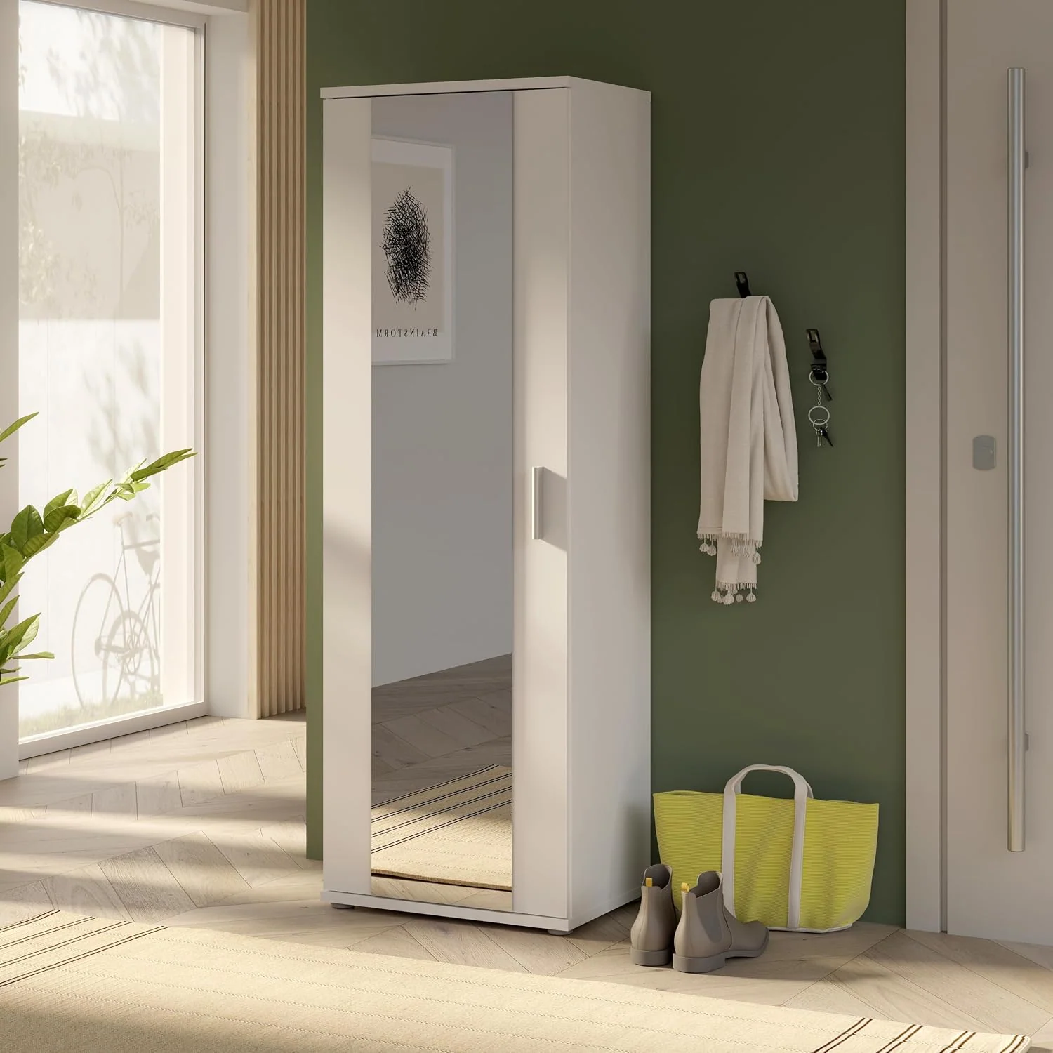 Forte NET106 weißer Schuhschrank 50, 50,2 cm breit x 179,1 cm hoch x 34,8 cm tief, schmaler Flurschrank mit 6 Einlegeböden und Spiegelfront, Flur