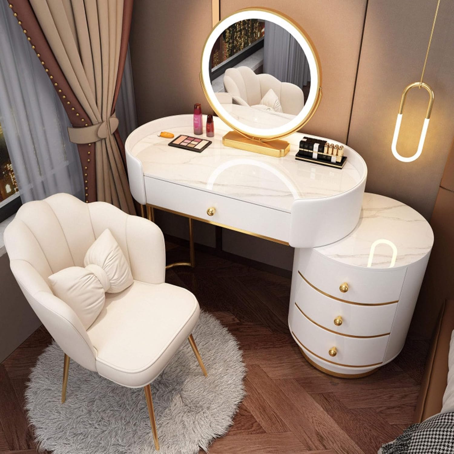 Vanity Desk Set, Bedroom Vanity Table with LED Rotating Mirror and Lights, Makeup Table with Storage Drawers and Stool, Bedroom Table for Girls/Women