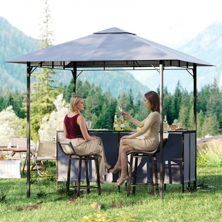 3-Piece Patio Bar Set 8 x 8 FT Double-Tier Grill Gazebo with 2 Bar Stools