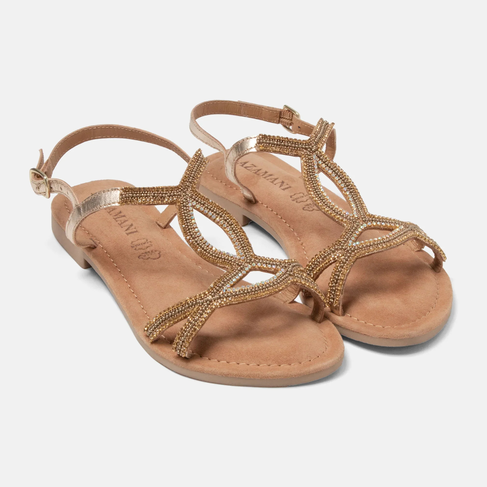 Beaded Leather Flat Sandals �C Rhinestone Embellished Summer Flats