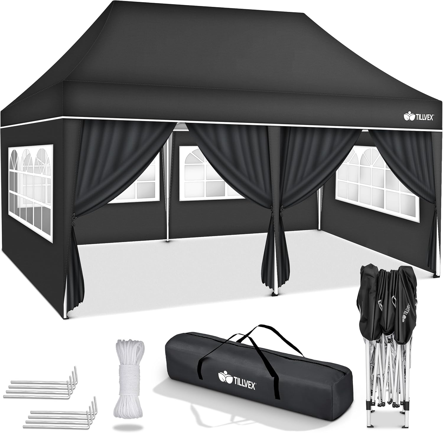 tillvex Garden Gazebo 3 x 6 m | Folding Gazebo with Adjustable Height | Pop Up Tent Waterproof UV Protection 50+ | Pavilion Tent + Transport Bag (Anthracite – with 6 Side Panels)