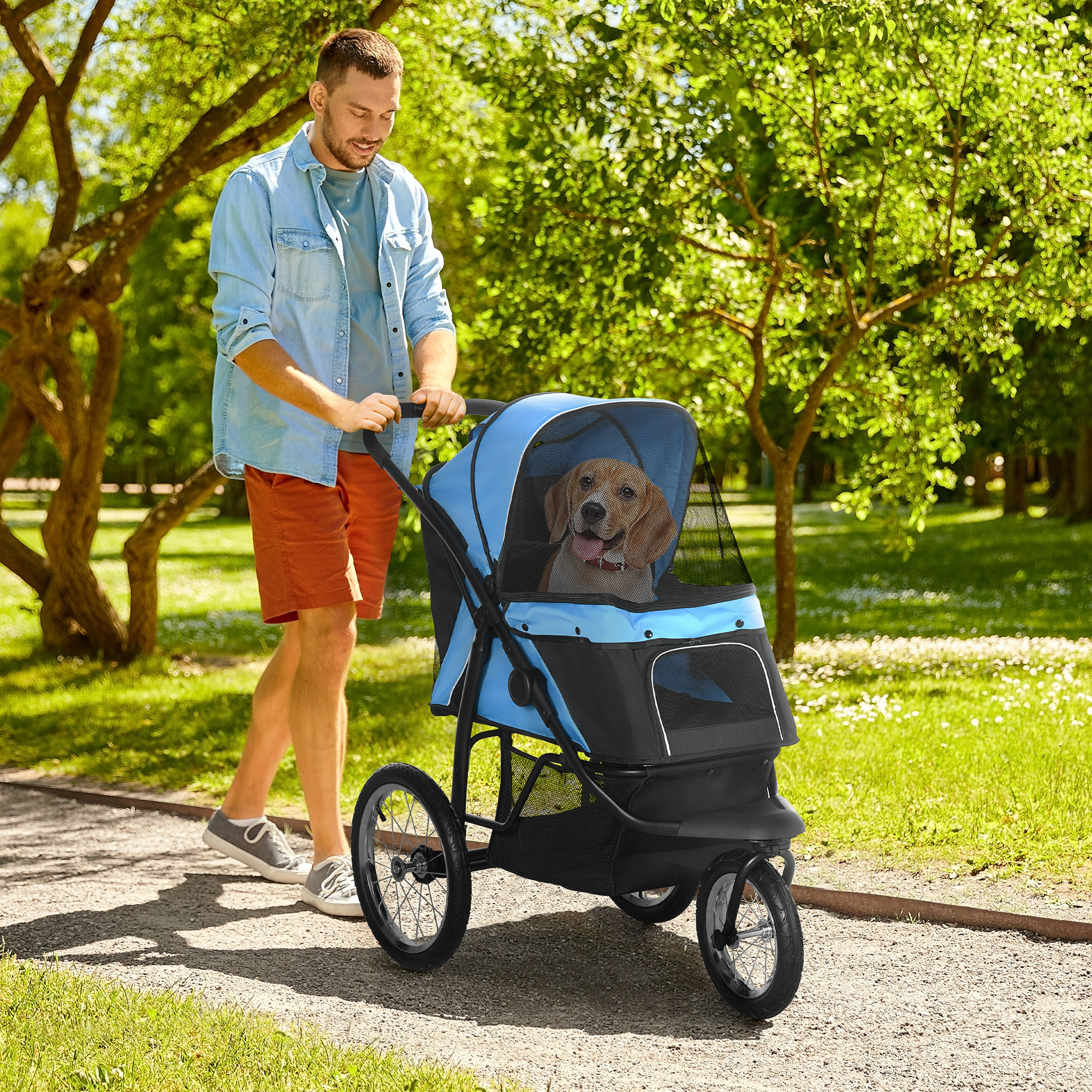 PawHut Hundewagen Hundetrolley mit Jogger-Funktion bis 20 kg Klappbar Netzfenster, Ablagekorb, Blau, 111 x 58 x 107 cm