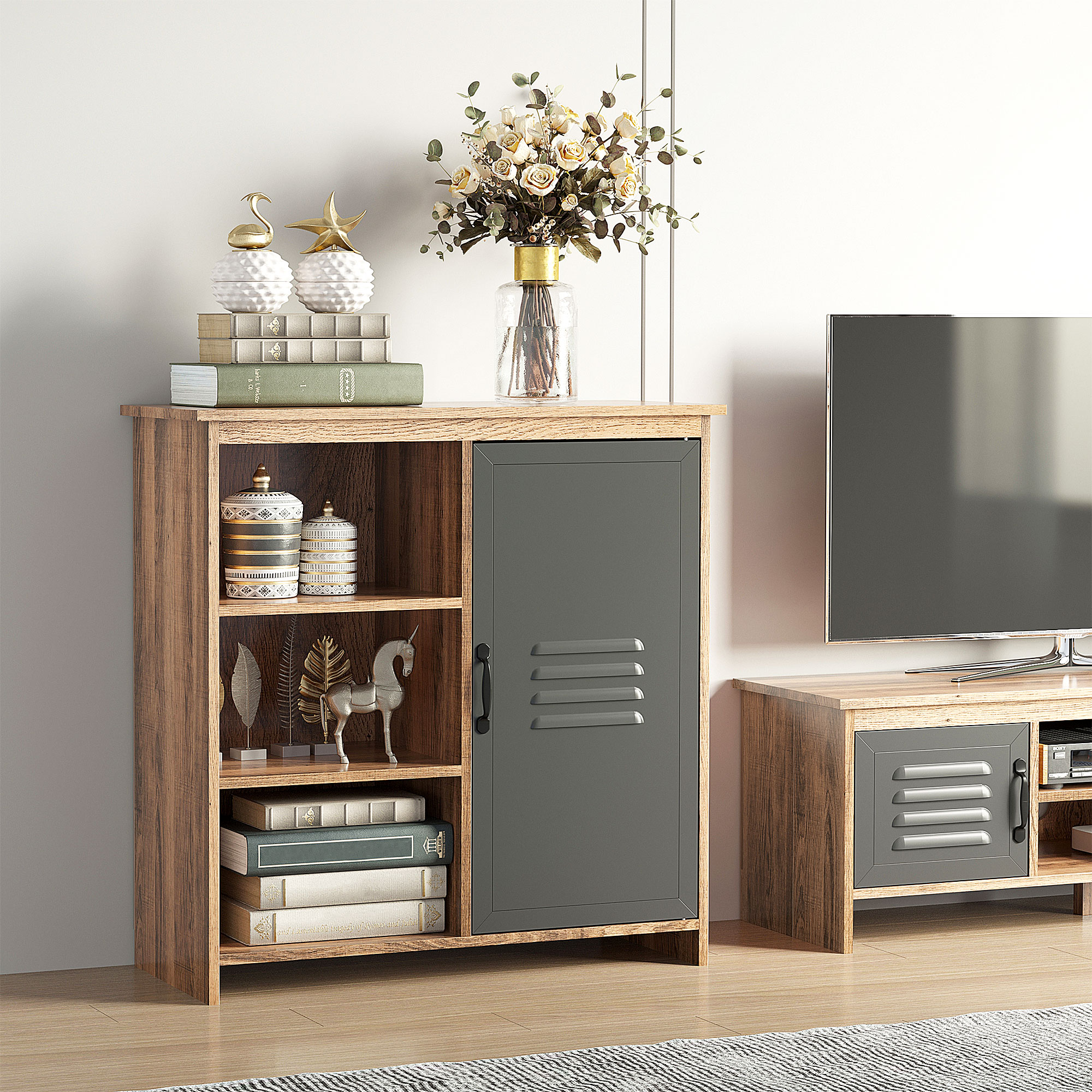 HOMCOM Mehrzweckschrank mit Regalen und Schrank aus Holz mit Metalltür, Möbel für Wohnzimmer und Küche, 80x35x82cm, Braun Grau