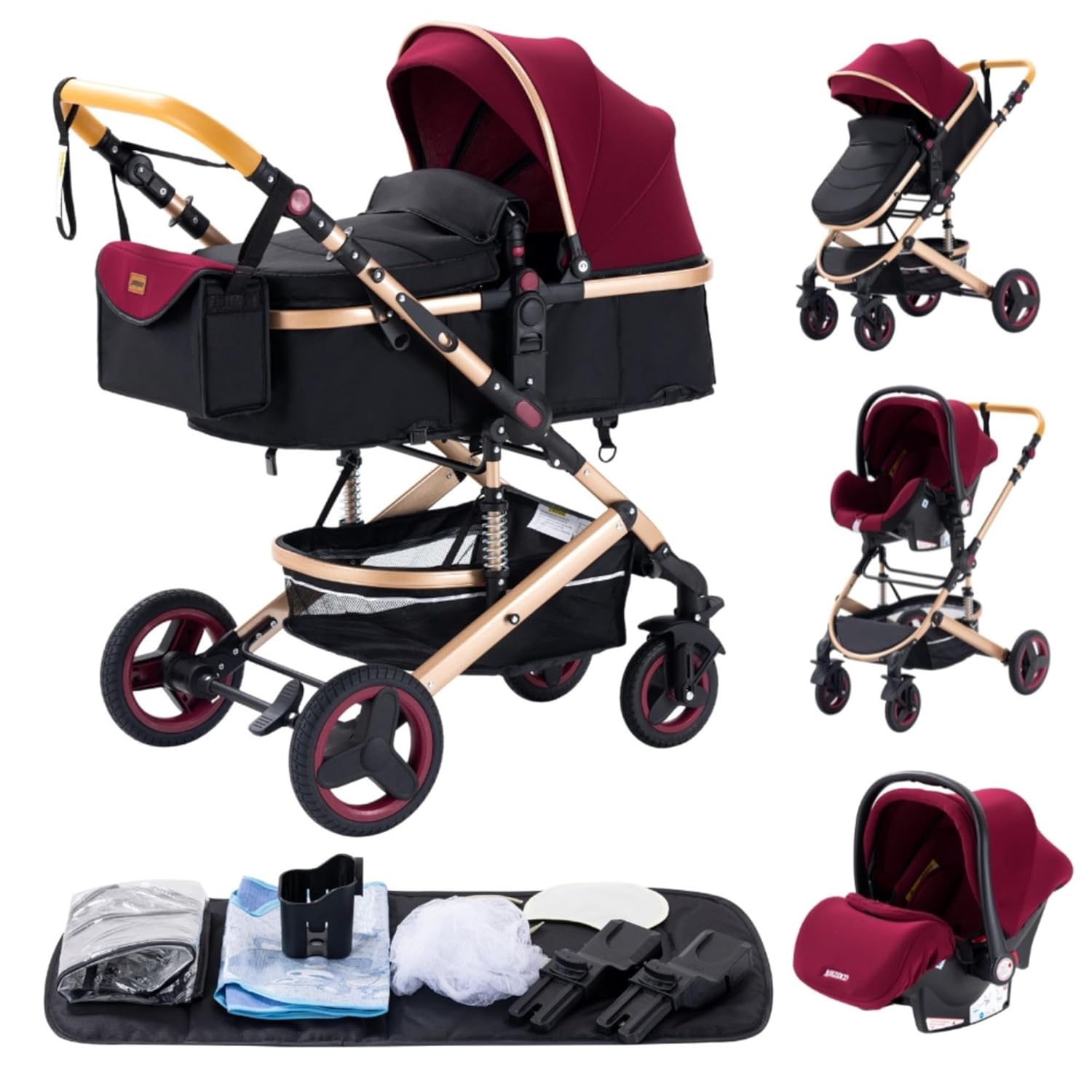 YAZOCO kinderwagen 3 in 1 Buggy Babybett Komplett Set Einem Klick Zusammenklappbarer Kinderwagen, KombiKinderwagen Aluminiumrahmen für Neugeborene Sitzzubehör (1 schwarz)