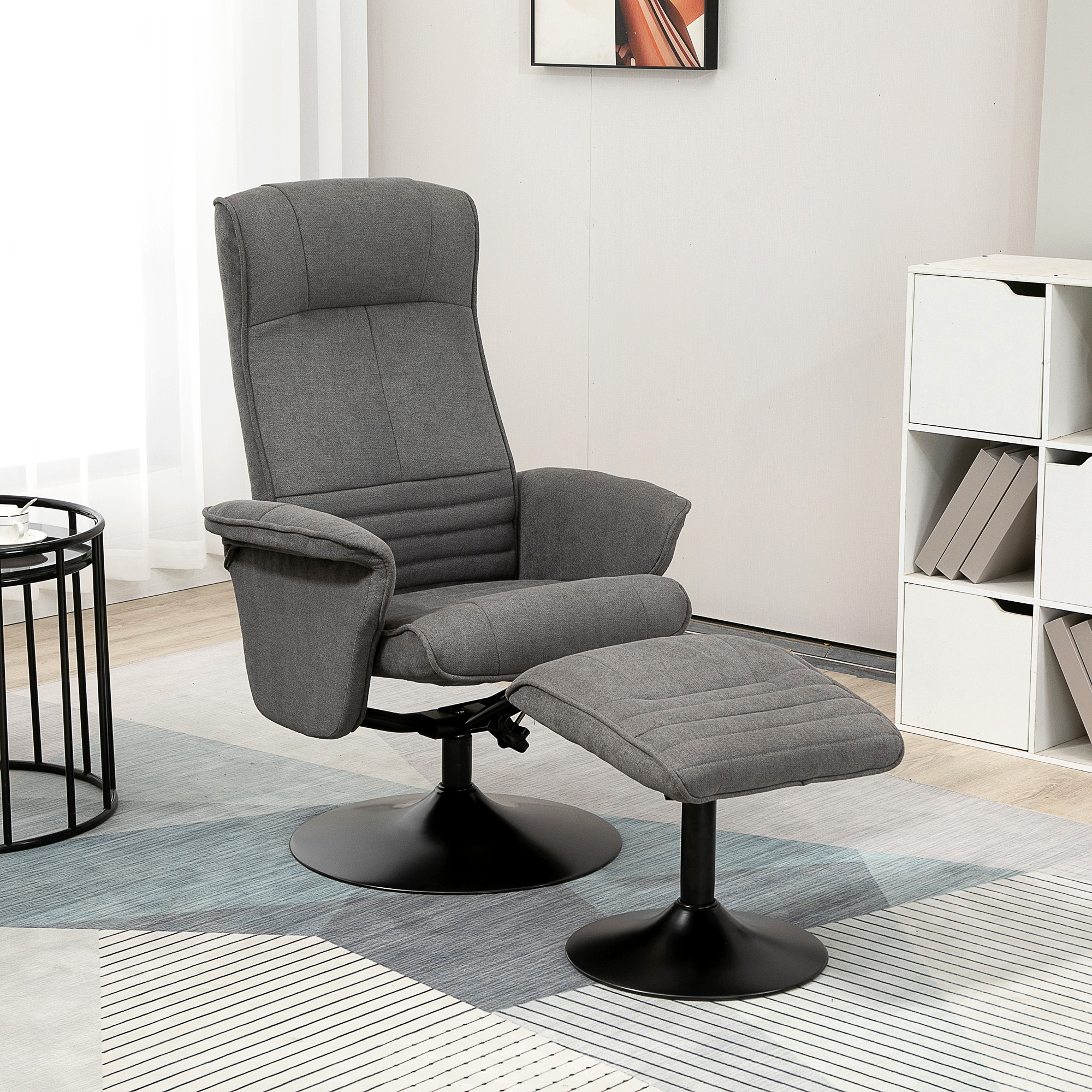 Relaxfauteuil met Voetenbankje, Verstelbare Rugleuning, 69 cm x 71 cm x 104 cm, Donkergrijs + Zwart