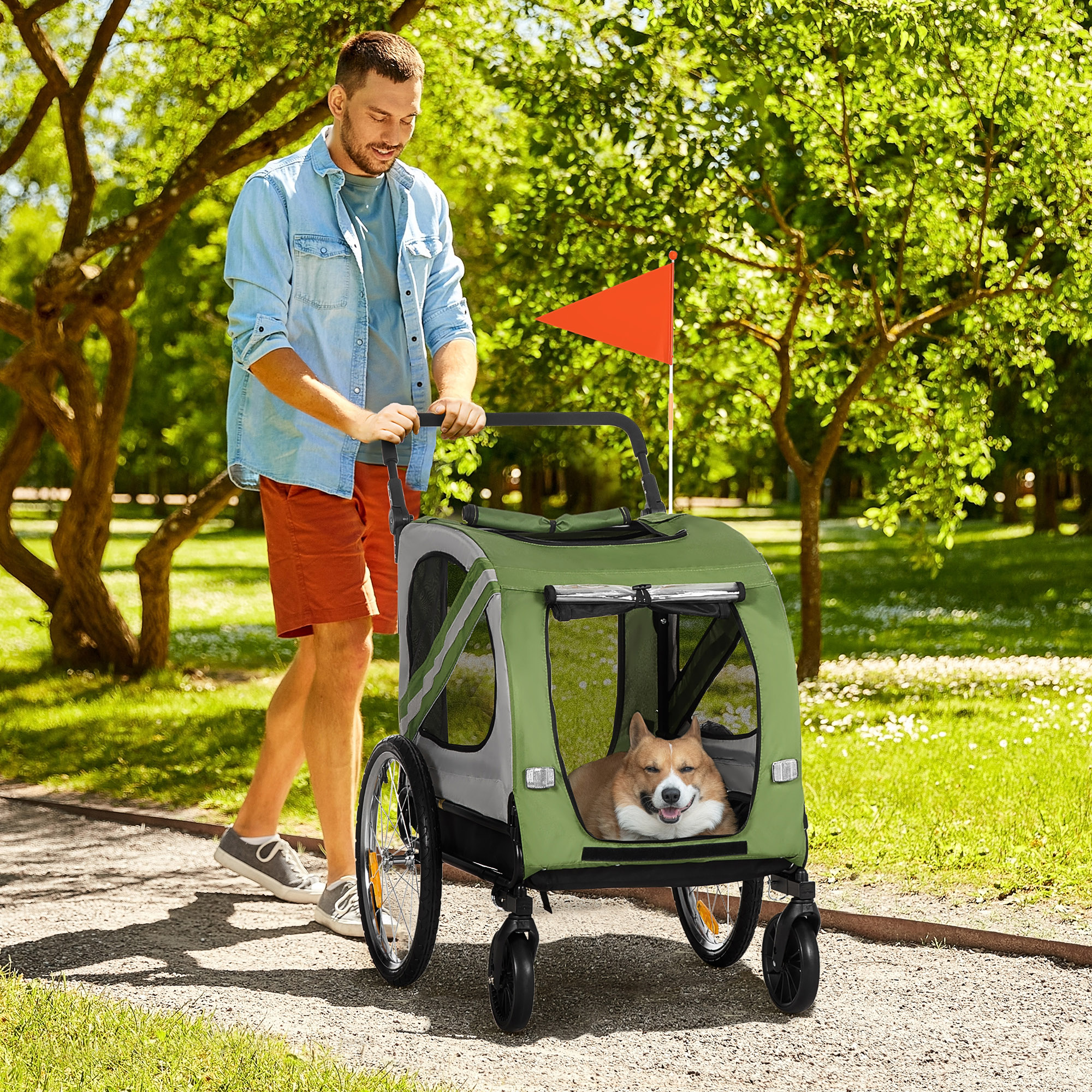 PawHut 2-in-1 Hundebuggy, Hundefahrradanhänger, klappbar, wetterfest, für Hunde bis 20 kg, Grün