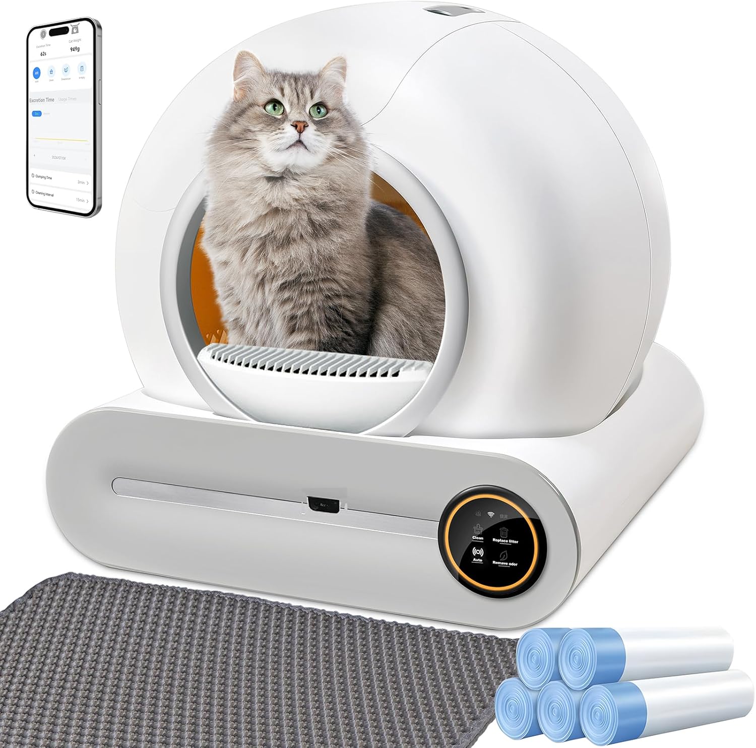 XQDKoon Lettiera Gatto Autopulente 65L + 9 L, Autopulente per Gatti con Monitoraggio Sanitario APP, Deodorante Ionico con Sacchi Spazzatura e Tappetini Lettiera Gatti
