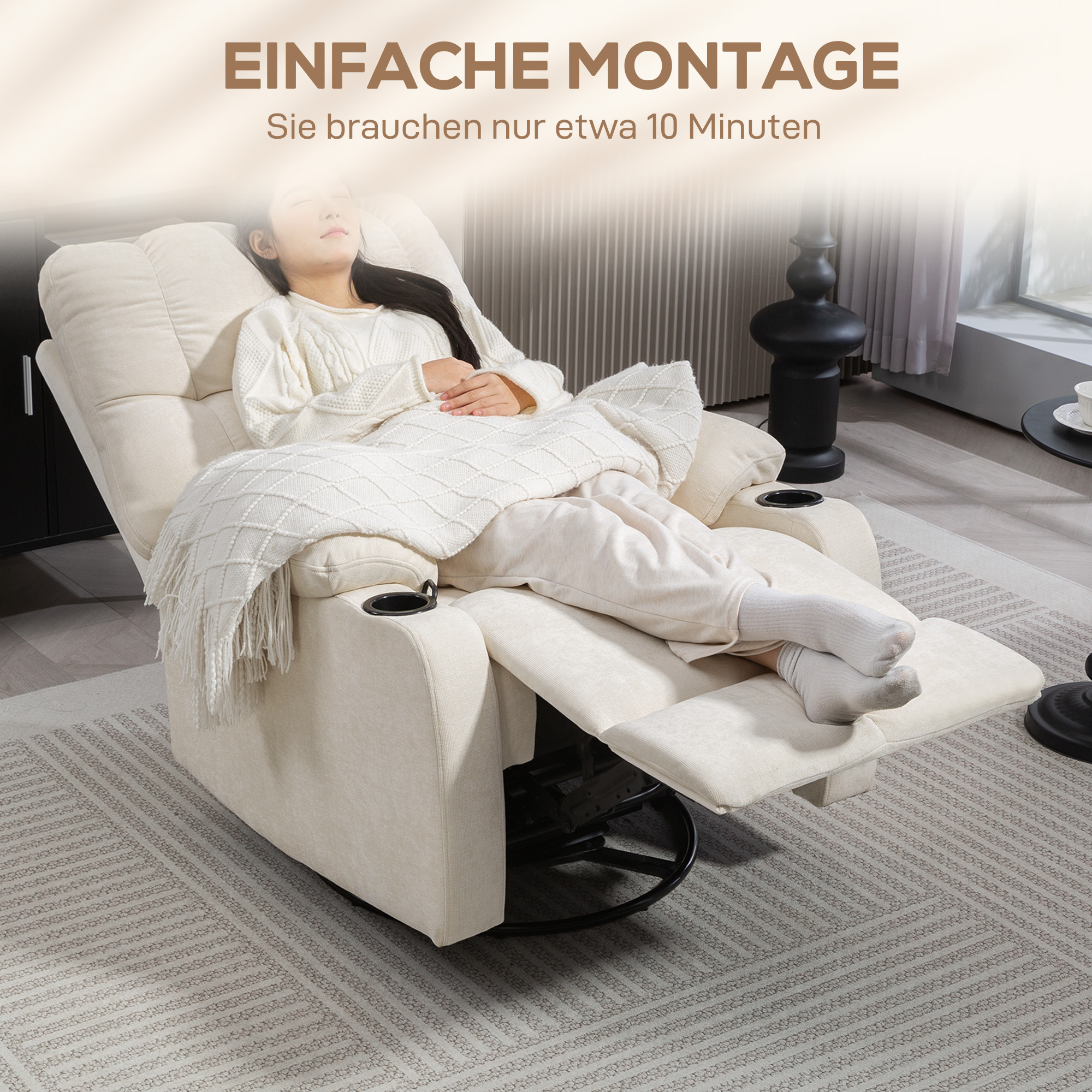 HOMCOM Relaxstoel met Voetensteun, Ligstoel, Draaibaar tot 150 kg, Stalen Frame, 88x96x108cm, Beige
