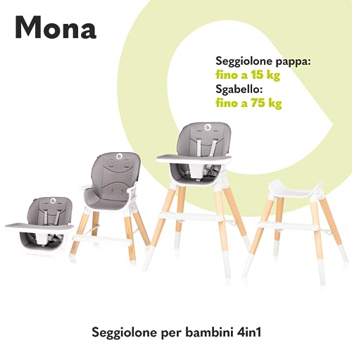 Lionelo Mona Seggiolone Pappa 4 in 1 Sgabello sedia turistica regolabile da 6 mesi fino a 75kg, Vassoio rimovibile, Feltrini antiscivolo, Pratico poggiapiedi Cinture 5punti, Arrotondato Bordi : Prima infanzia