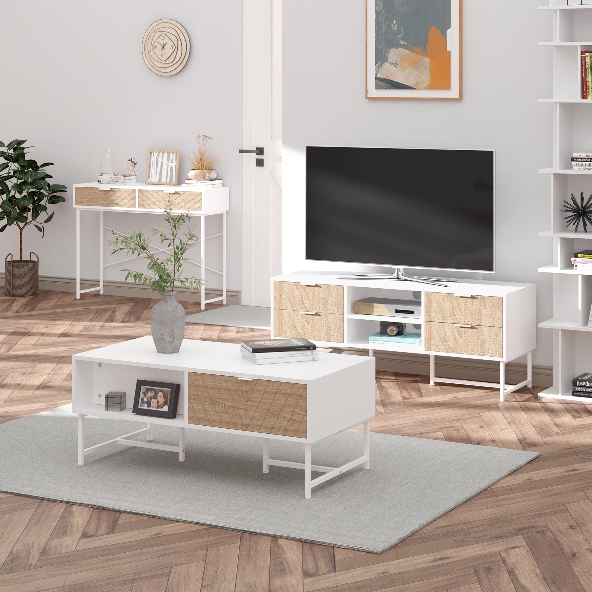 HOMCOM Konsolentisch Industriestil mit 2 Schubladen Eichenholzoptik Chevron-Muster Metallgestell Weiß
