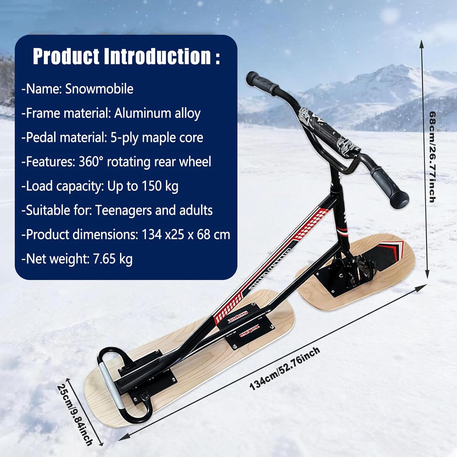 Schneescooter-Schlitten für Erwachsene, Gleitski-Snowboard mit Gummigriffen, Snowboard-Schlitten,Sportarten, professionelles Schneemobil für jedes Gelände, Tragkraft 100 kg Black