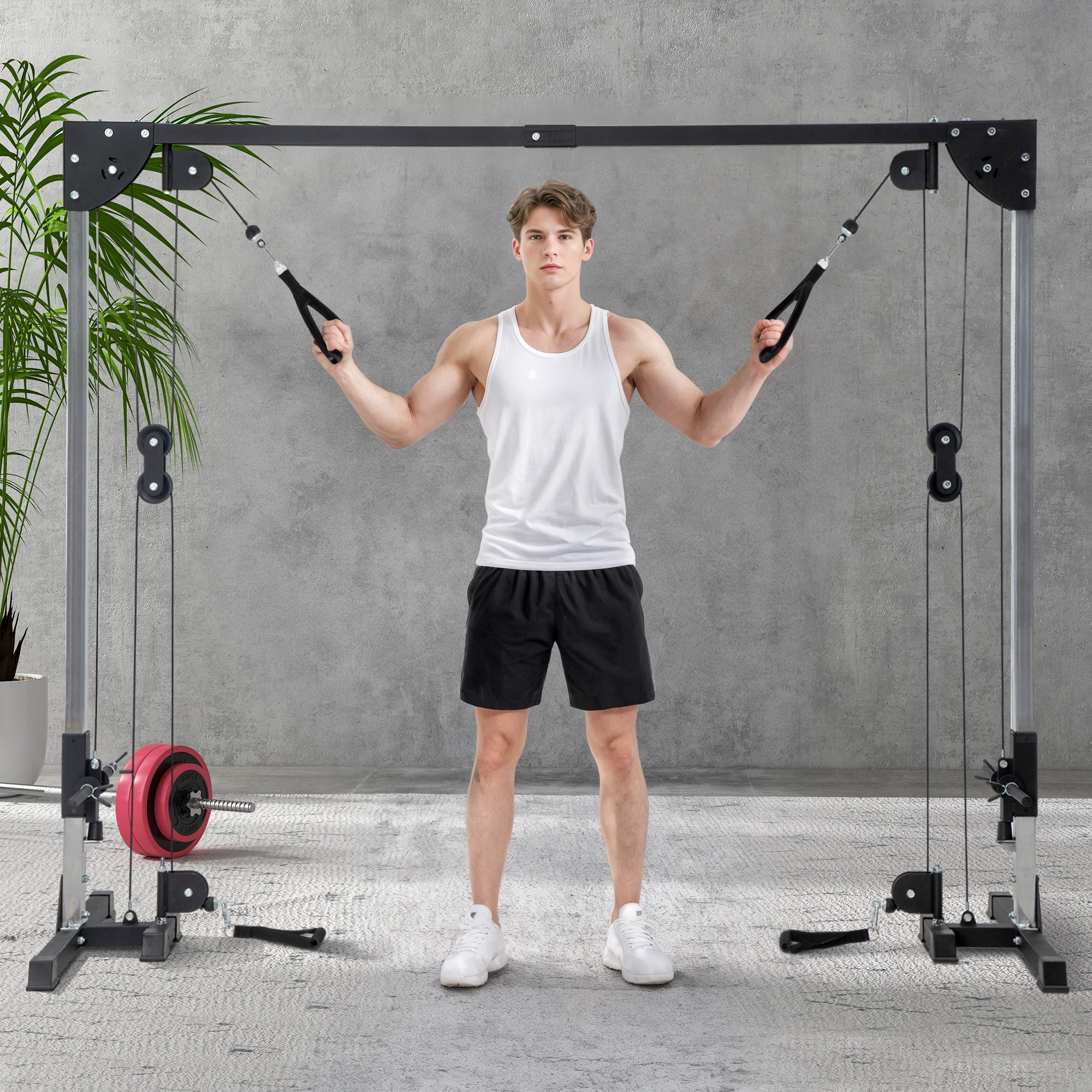 SPORTNOW Crossover Fitnessrek met Kabeltreksysteem, voor 1 of 2 Personen, Staal, Zwart