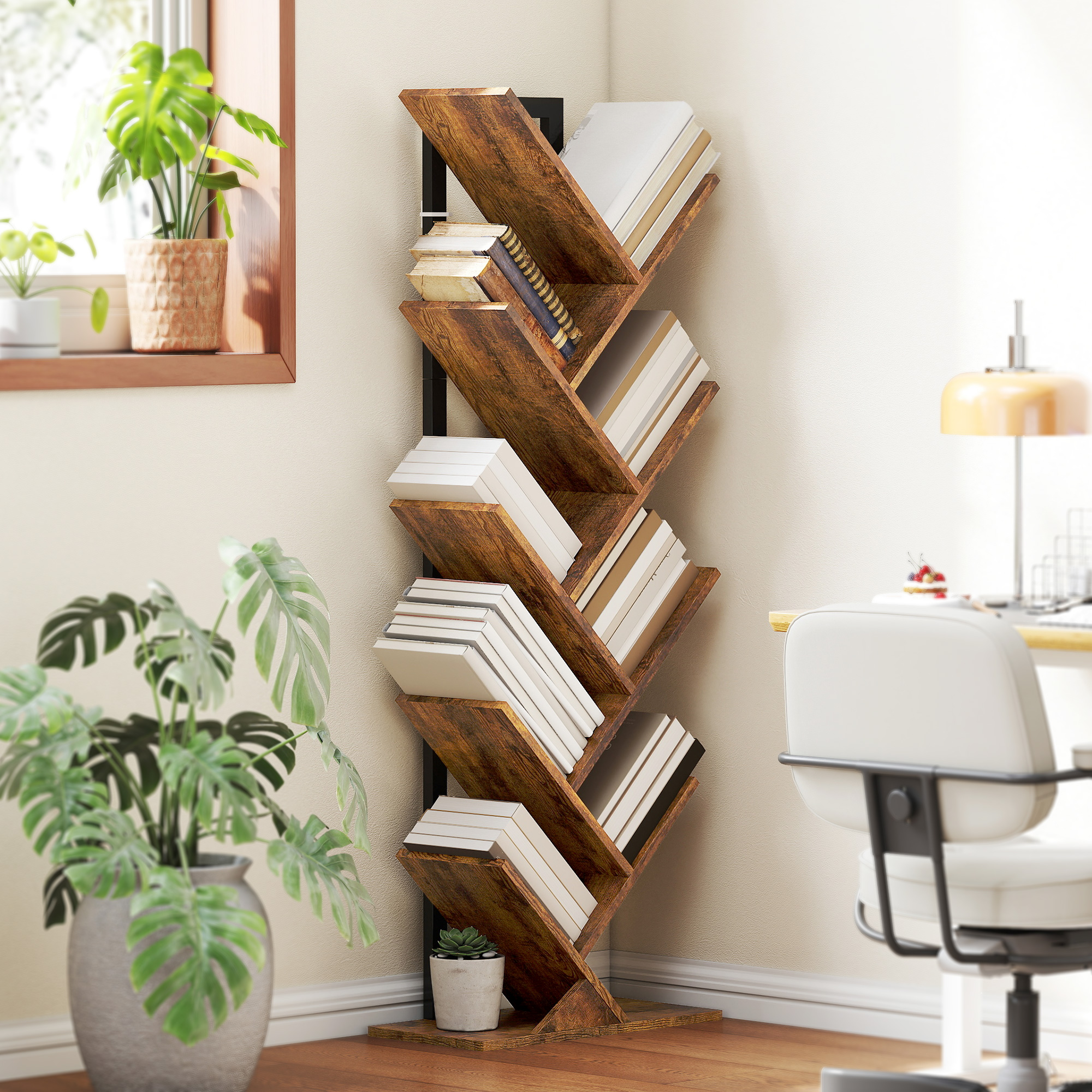HOMCOM Bücherregal Standregal mit 9 Ebenen Schmal Regal im Baumform für Büro, Rustikal Braun