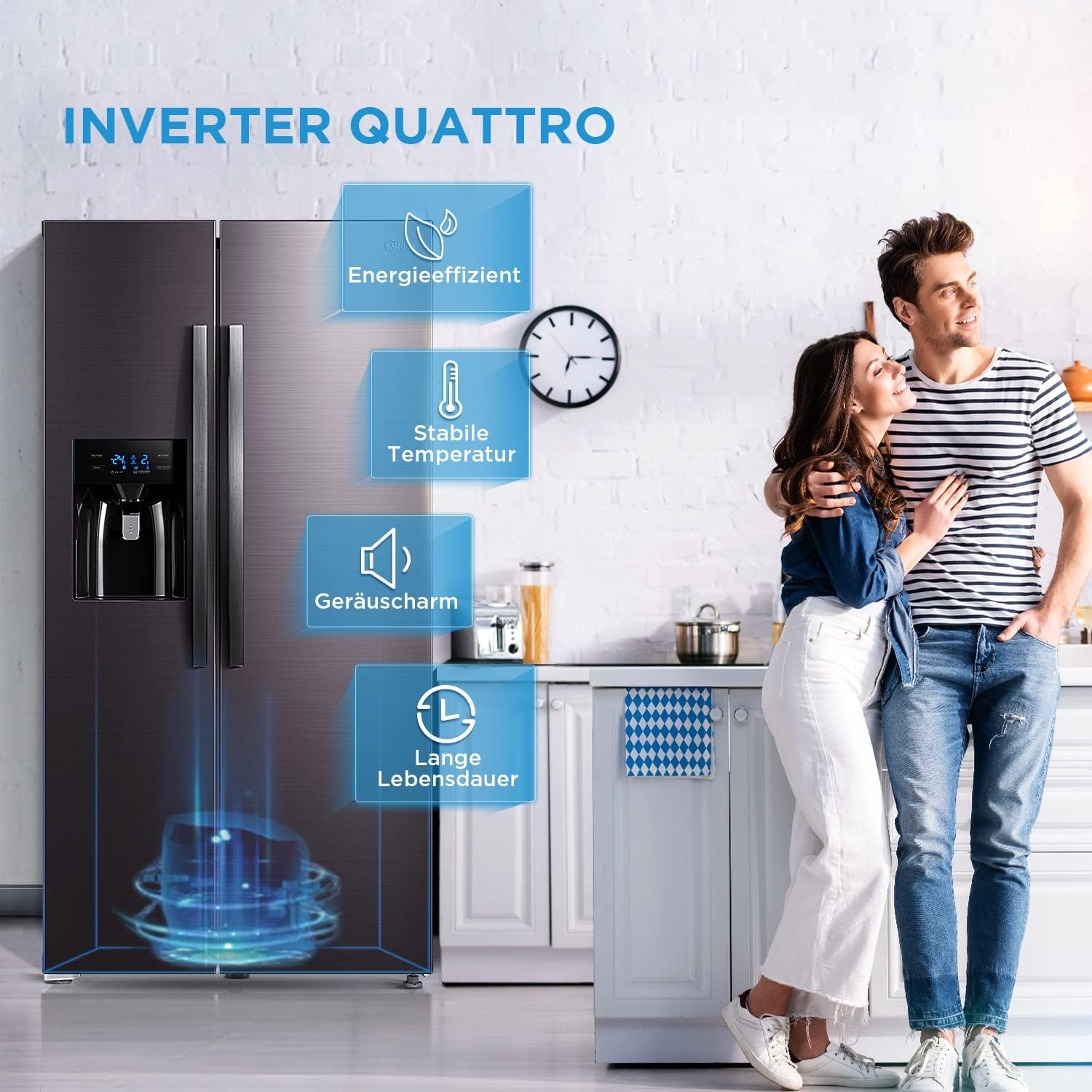 Midea KS-DDX 6.32 WT Side-by-Side Kühl-/Gefrierkombination/ 178,8 cm Hhe/ 254 kWh/Jahr/No Frost/Dual Inverter Compressor/mit 3in1 Wasser-/Eisspender und Wassertank, Dark Inox