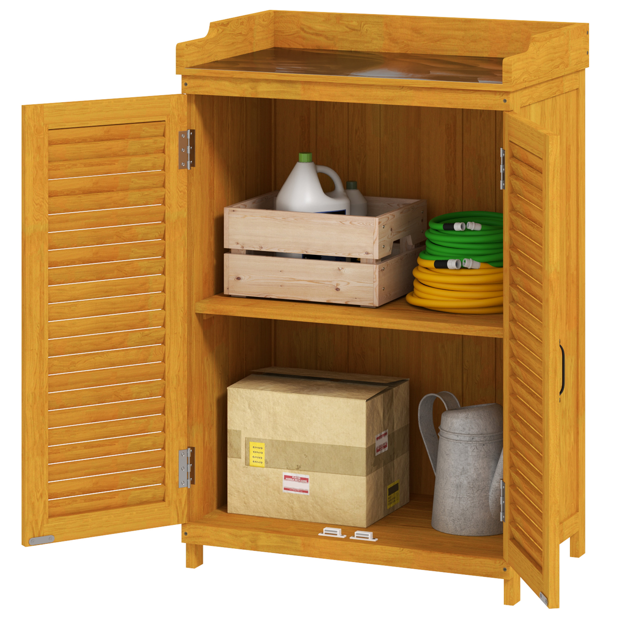 Outsunny Gartenschrank Holz, Geräteschuppen mit Arbeitsfläche, wetterfest Geräteschrank, 65,5x40x98,5cm Gelb