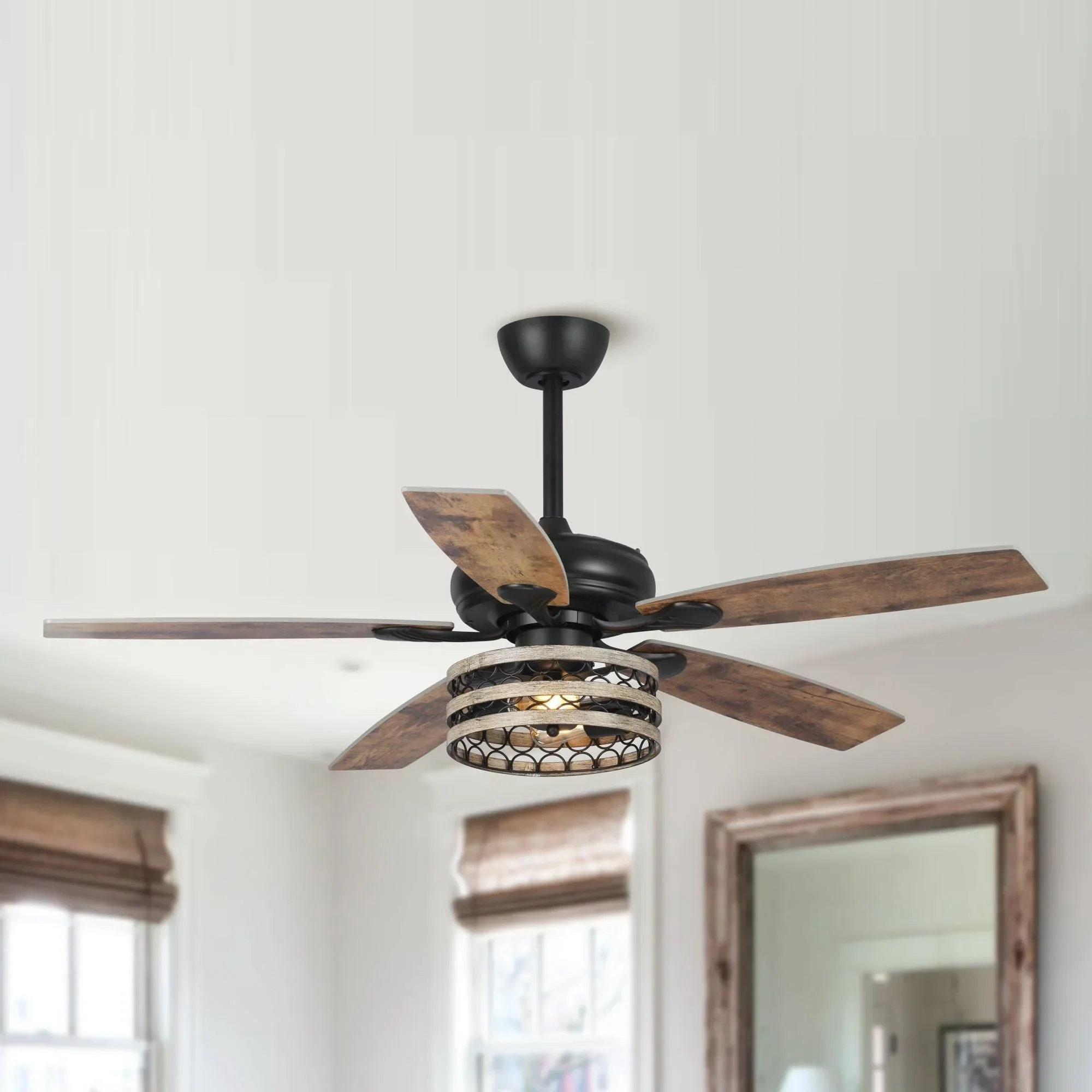52 Farmhouse Driftwood 5-Blade Black Caged Ceiling Fan with Remote