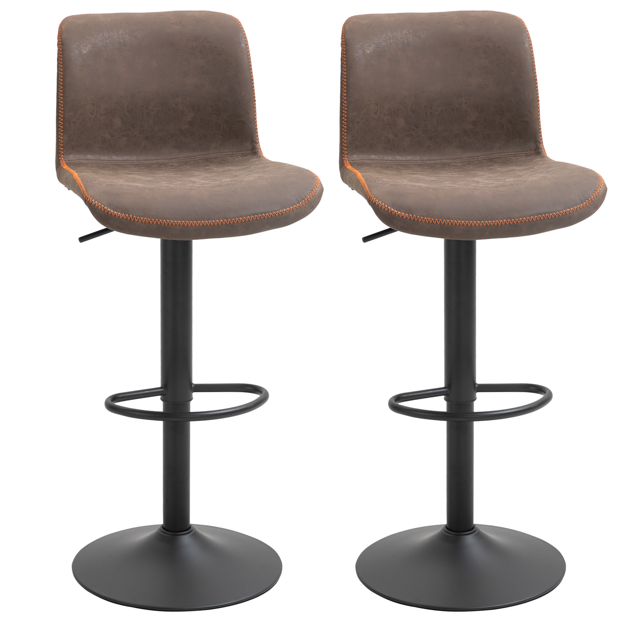 HOMCOM Set aus 2 Vintage Barhockern, höhenverstellbar und drehbar, mit Fußstütze Kunstleder PU Braun, orangefarbene Zickzack-Nähte
