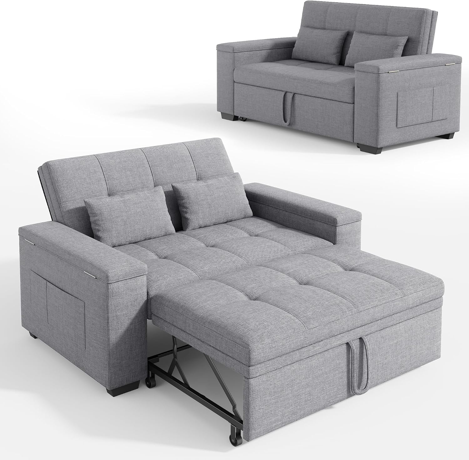 Xbro Divano Letto 2 Posti in Lino, Letto Esteso 175x116 cm, Convertibile 3 in 1 con 2 Cuscini e Tasche Laterali, Compatto Salvaspazio per Soggiorno e Camera Ospiti, 156x74x84 cm, Grigio Chiaro
