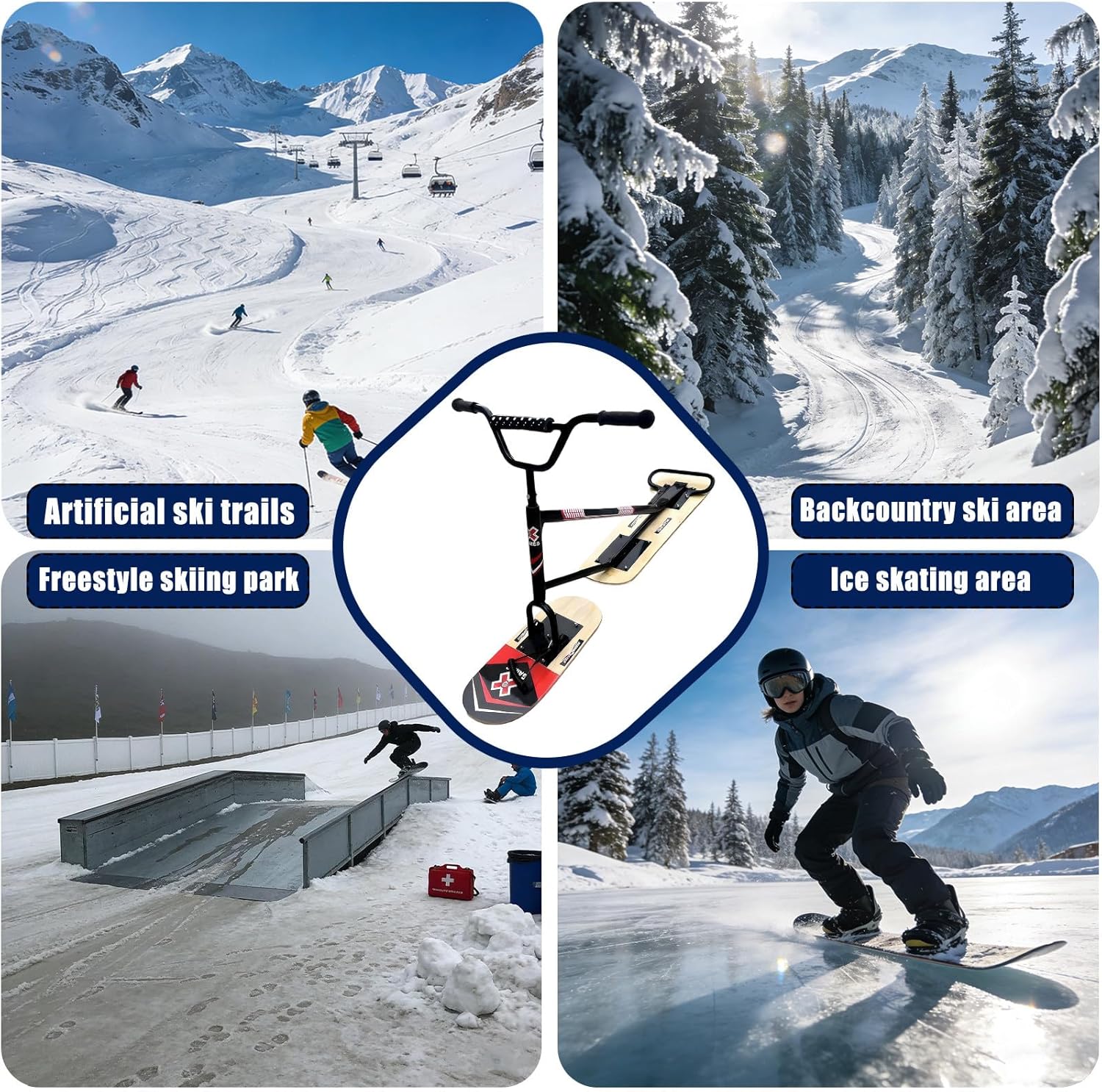 Schneescooter-Schlitten für Erwachsene, Gleitski-Snowboard mit Gummigriffen, Snowboard-Schlitten,Sportarten, professionelles Schneemobil für jedes Gelände, Tragkraft 100 kg Black