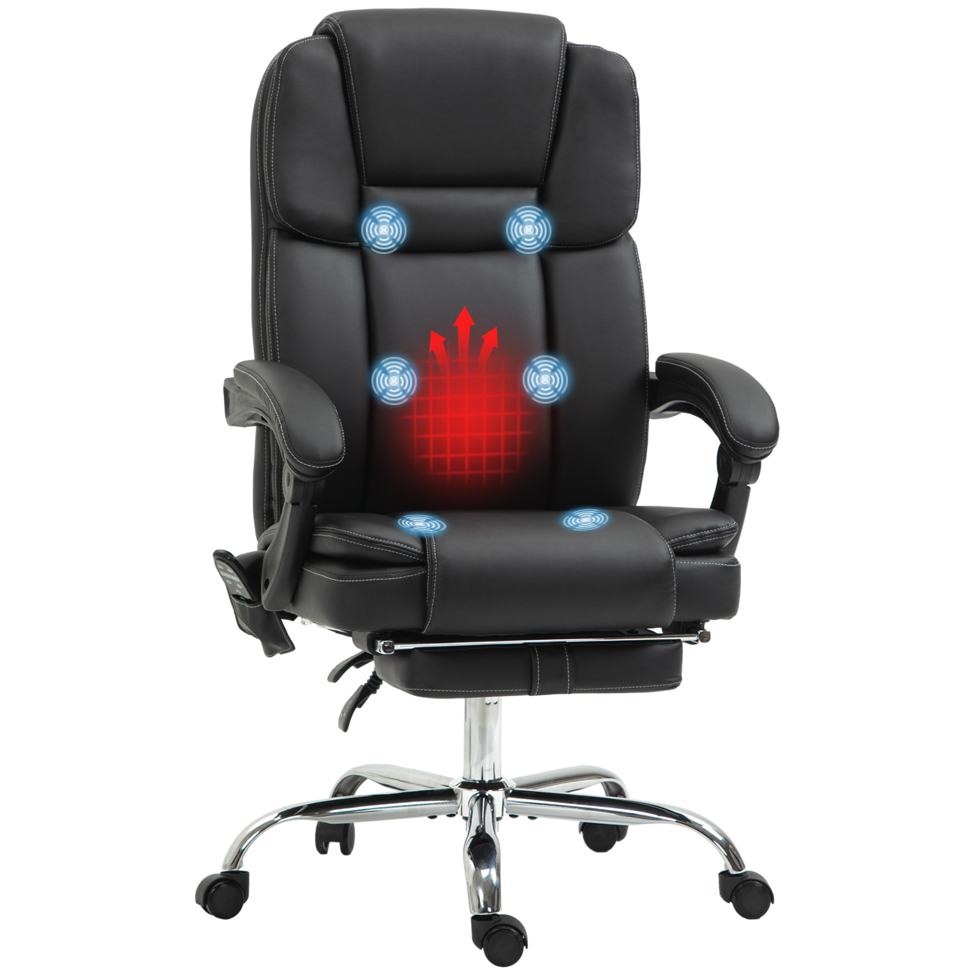 Vinsetto Verstellbarer Bürostuhl mit 6 Massagepunkten, Wärmefunktion, Fußstütze, Kunstleder, Schwarz