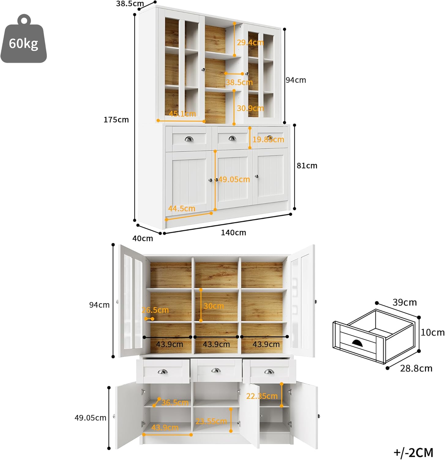 Armadio alto per soggiorno (140 x 38,5 x 175 cm), armadietto da cucina, sala da pranzo con cassetti, moderno e minimalista, per cucina, sala da pranzo, bianco (bianco)