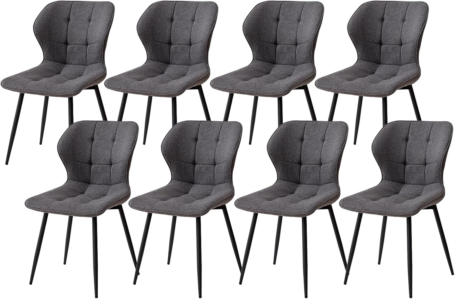 GrandCA HOME Set di 8 Sedie da Pranzo Imbottite in Lino con Schienale e Gambe in Metallo Nero, Sedia da Soggiorno per Cucina, Sala da Pranzo, Camera da Letto - Grigio Scuro