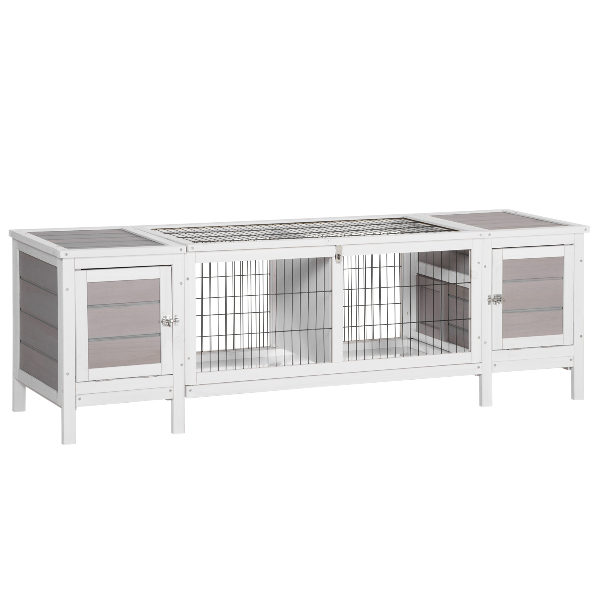 PawHut Kleintierstall Kleintierkäfig mit Bodenwanne Kleintierhaus mit Laufbox Stall Tannenholz Outdoor Weiß+Grau 161 x 50,5 x 53,3 cm