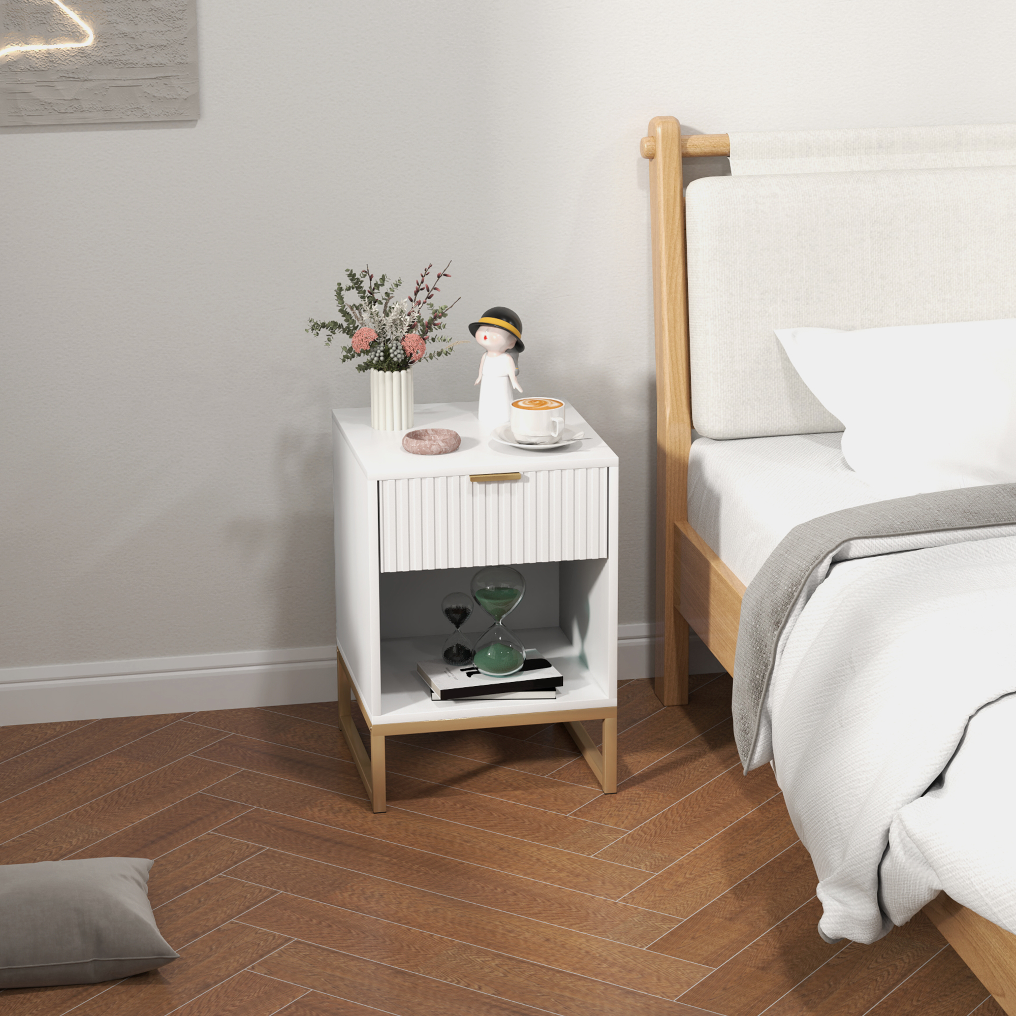 HOMCOM Nachttisch mit Schublade und Regal, Stauraum und Metallbeinen, für Schlafzimmer, Wohnzimmer, Weiß