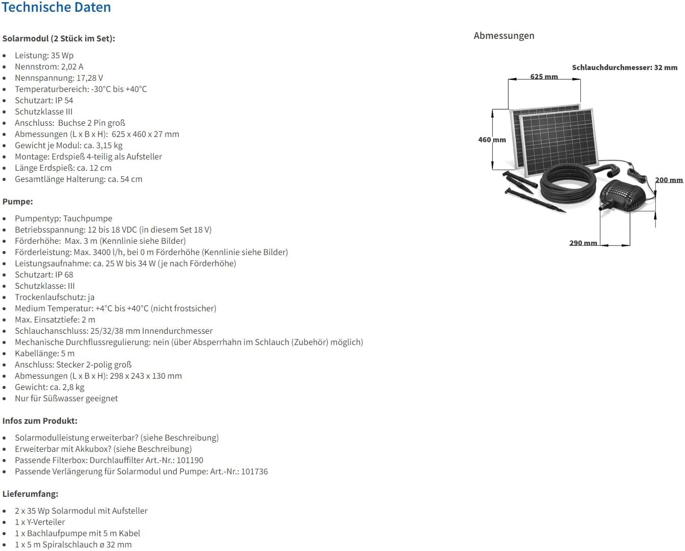 esotec Solar Bachlaufset 70 3400 PRO, Komplettset, Bachlaufpumpe 3400l/h, Solarmodul 70Wp, Erdspieß, Teichpumpe, DIY Solarbrunnen, Wasserspiel, Komplettset, 3m 101966