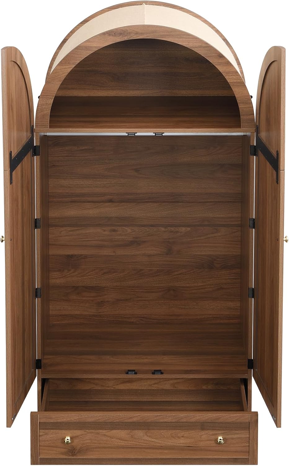 Children's Bedroom Wardrobe with Fabric Doors and Drawer, Walnut Effect, Wooden Feet, Practical Storage for Clothes and Accessories, Bedroom Compartments