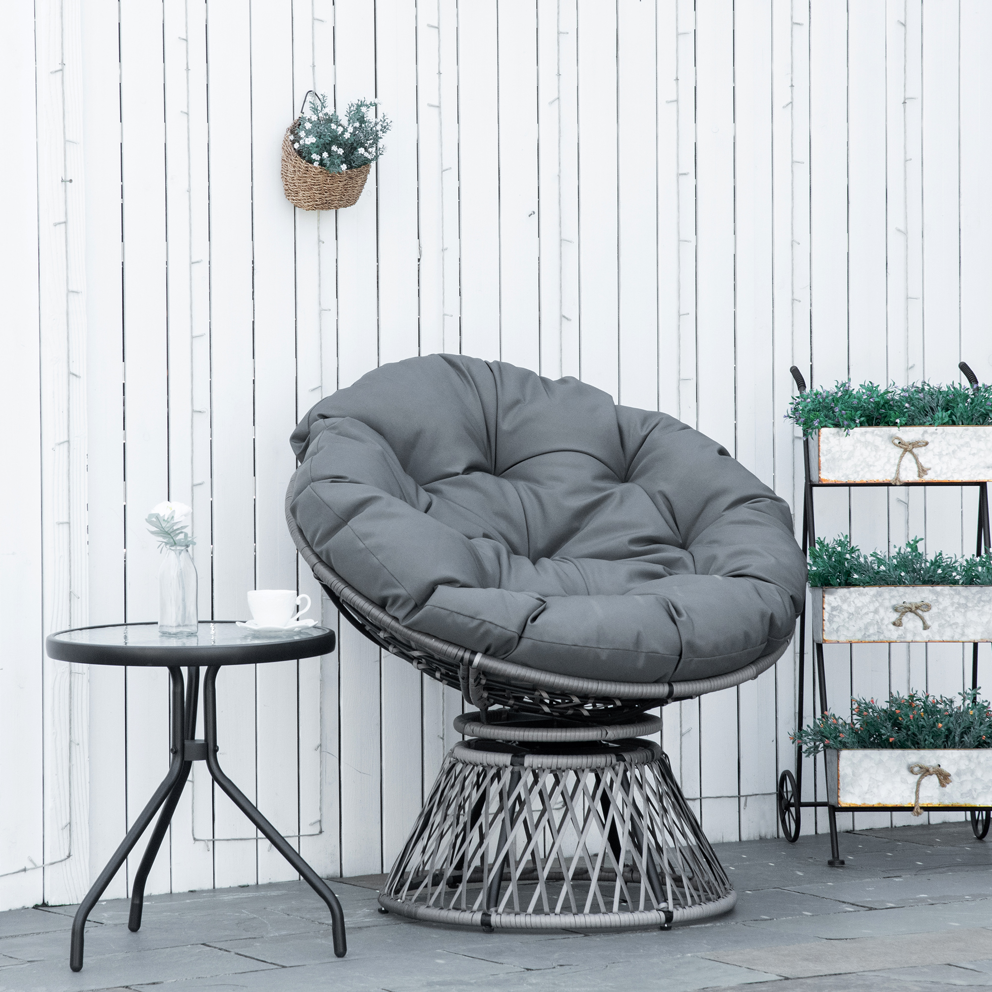 Outsunny Papasansessel Korbsessel Sessel mit Polster 360 Grad Rattan Grau B87 x T97 x H86 cm