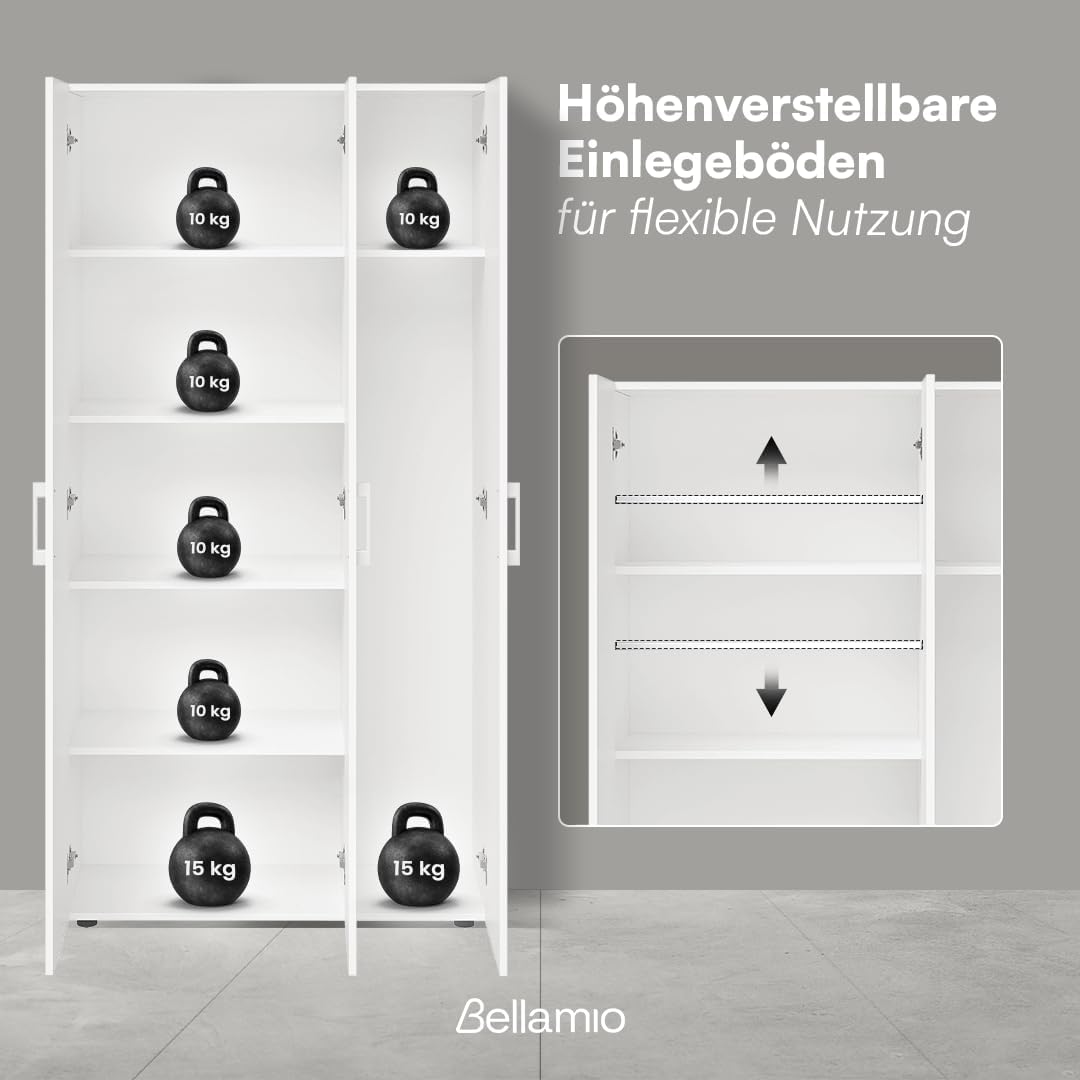 Bellamio Apol Mehrzweckschrank Weiß – Besenschrank 90 cm breit mit Stauraum – Putzschrank mit Staubsaugerfach – Vorratsschrank Küche - Aktenschrank aus Holz - Flurschrank – Aufbewahrungsschrank