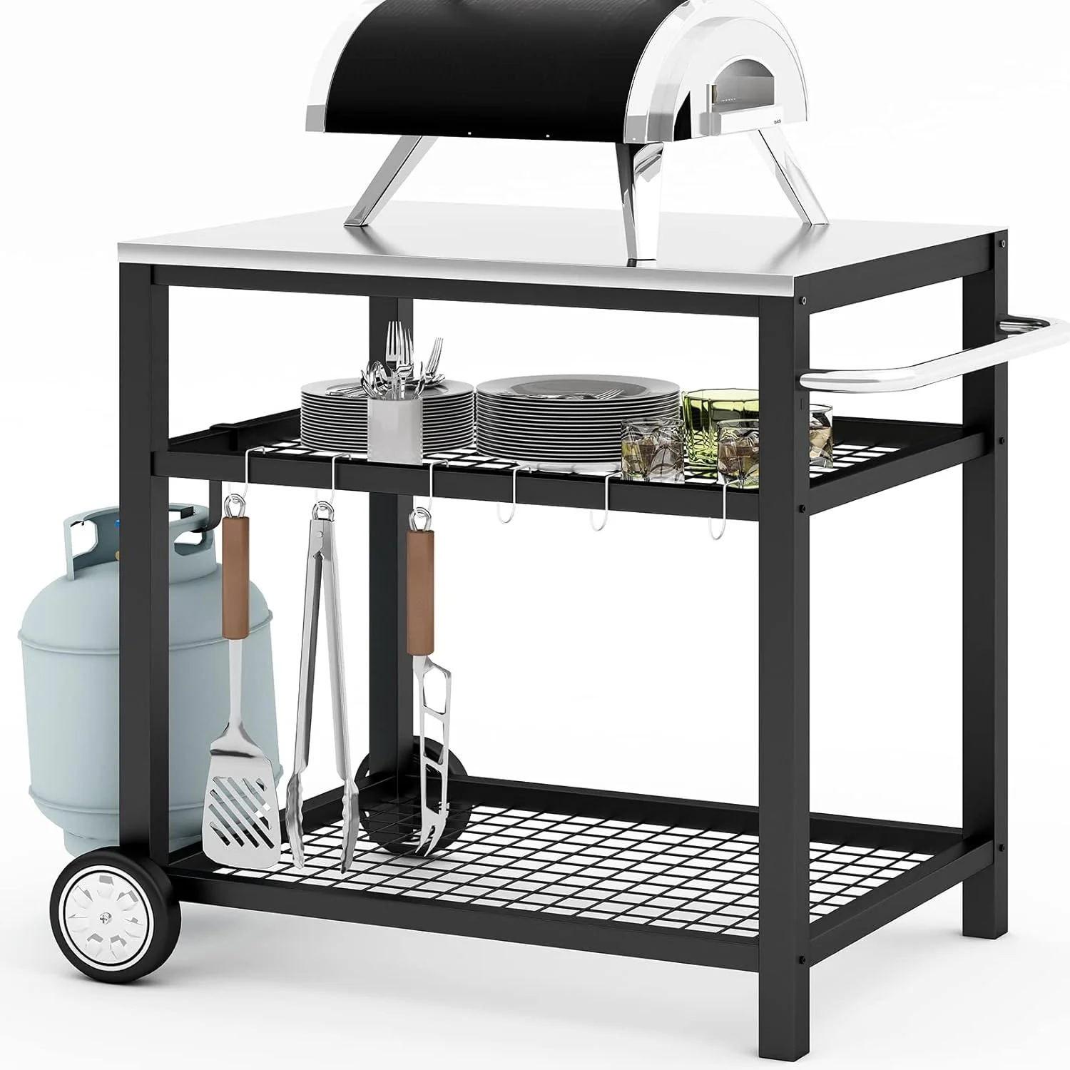 Stainless Steel Grill Cart, Movable Food Prep Table with Wheels and Handle   Heavy Duty Outdoor Cart