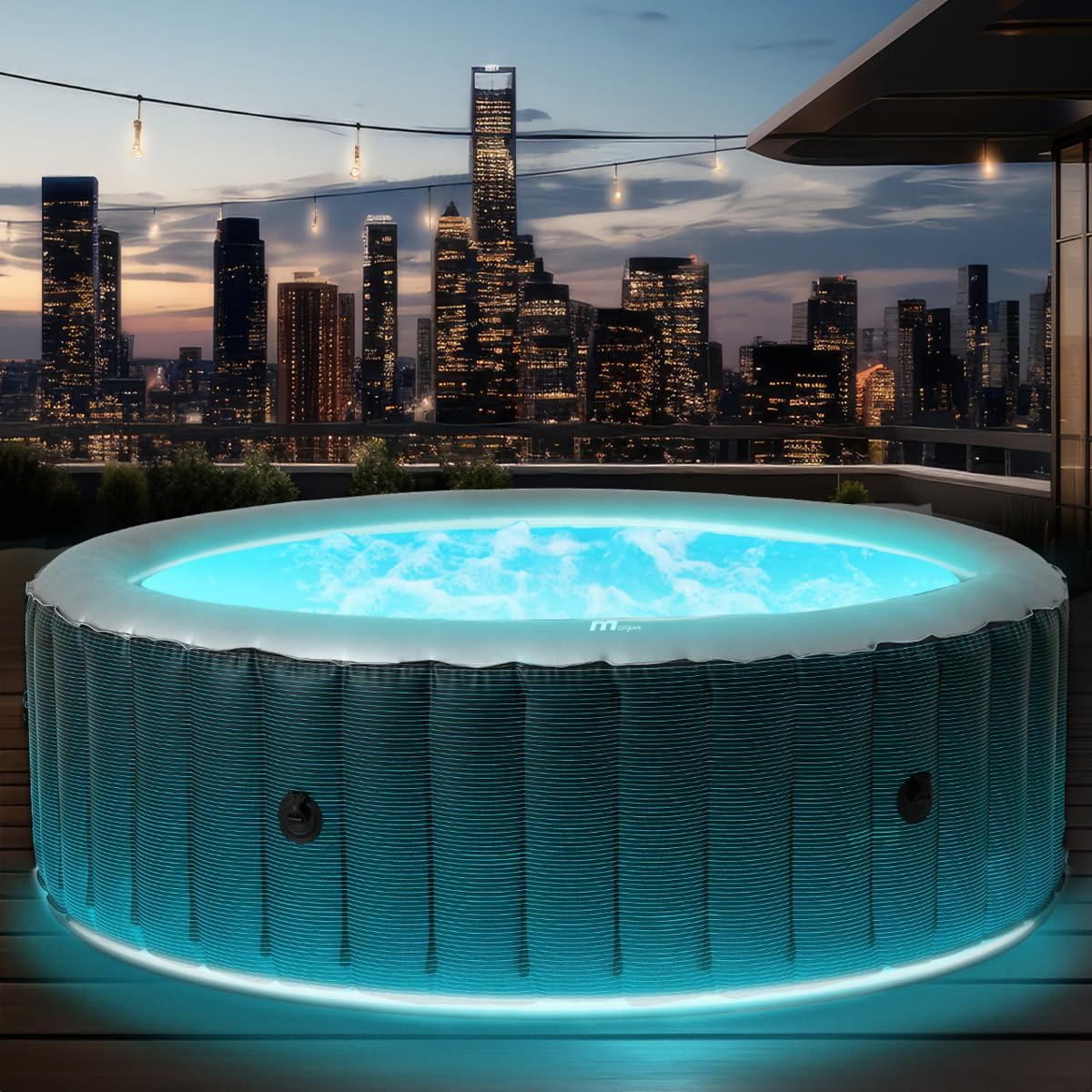 BRAST Whirlpool aufblasbar MSpa Starry mit LED Beleuchtung für 6 Personen Ø204x70cm In- Outdoor Pool 138 Massagedüsen Energiespar-Timer Heizung Bubble Wellness Massage