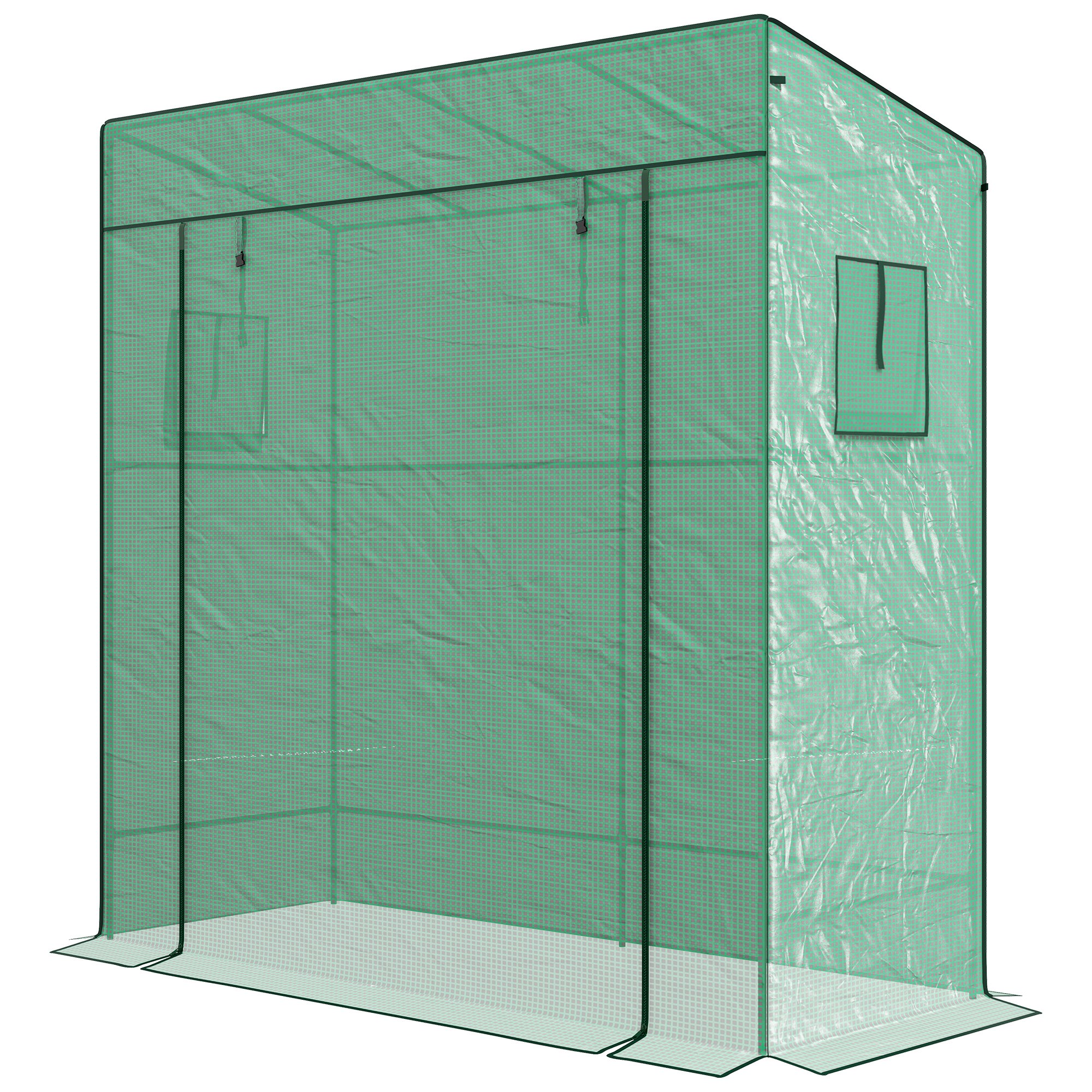 Outsunny Wandmontiertes Garten Gewächshaus mit 1 rollbaren Tür, verstärkter PE-Folie, 2 Fenstern, Abm. 196L x 77B x 197/178H cm