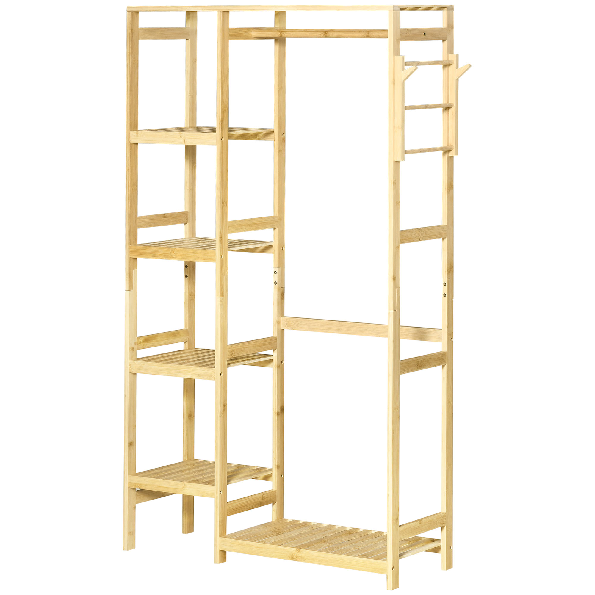 HOMCOM Kleiderständer aus Bambus mit Regalen, Stange und 2 Haken - Maße 90B x 30T x 155H cm