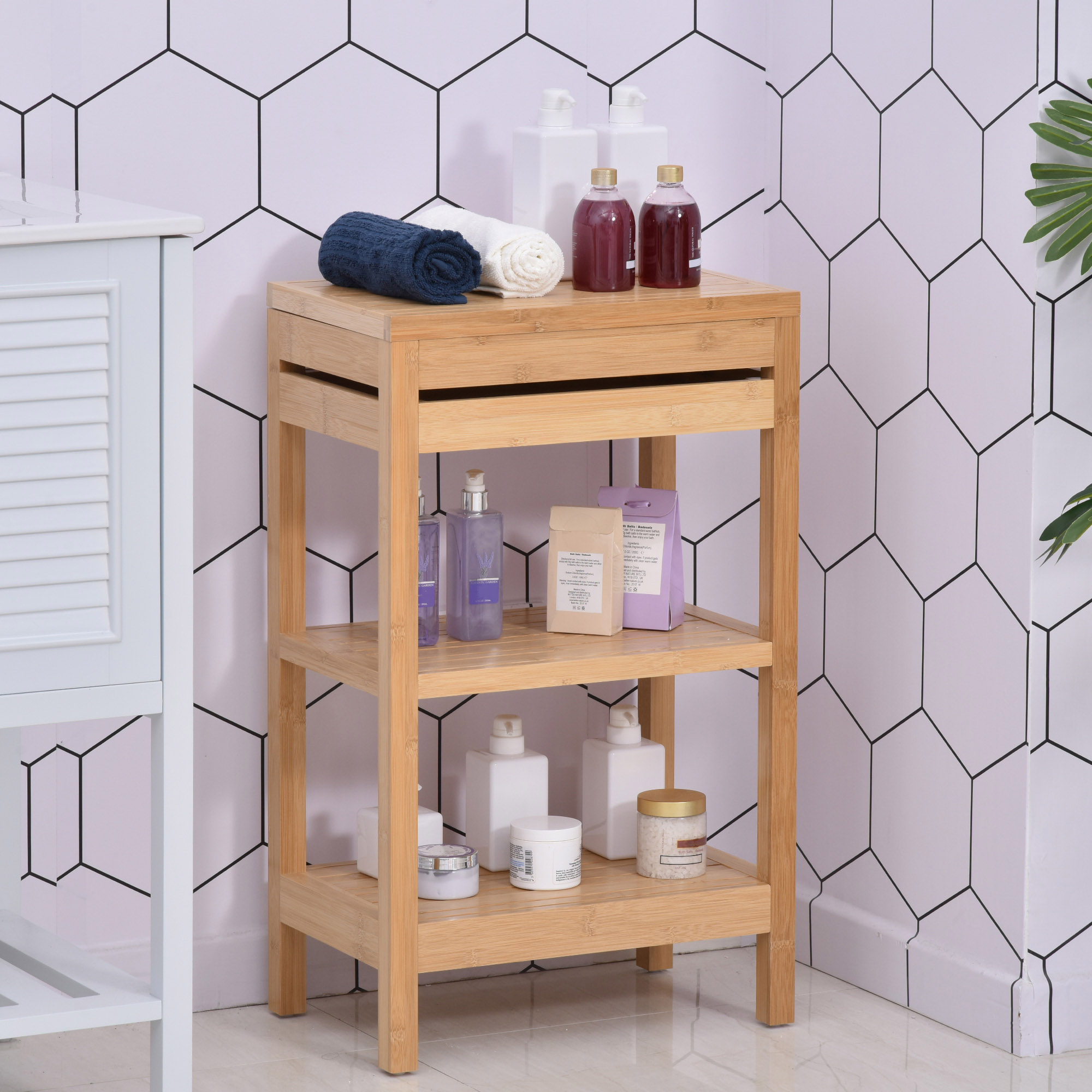 HOMCOM Badregal, Badzimmerregal mit Klappdeckel, Badezimmer Standregal mit 2 Ablagen, Bambus, Natur, 46 x 29,5 x 76,5 cm
