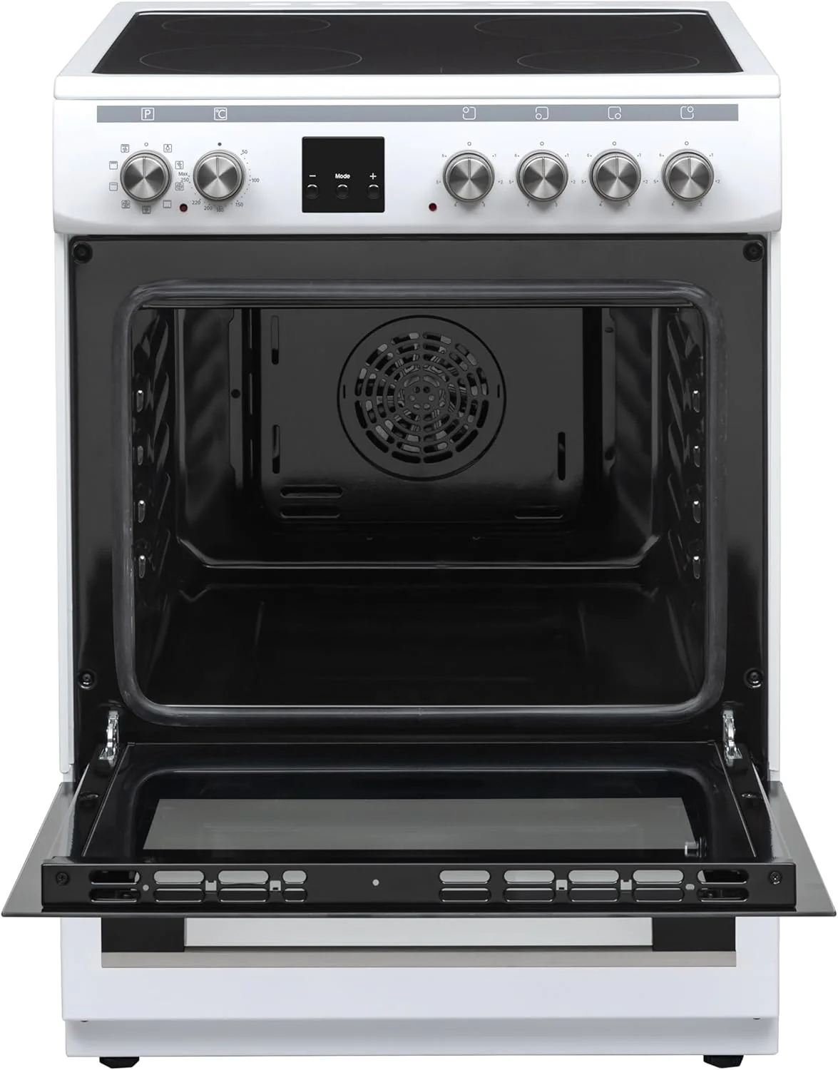 Daewoo F6EV22WL3DE Vrijstaand fornuis met glaskeramische kookplaat, A, Ovenvolume: 65 L, 8 verwarmingsfuncties met boven-/onderwarmte, Gemakkelijk te reinigen emaille, 4 kookzones, Wit